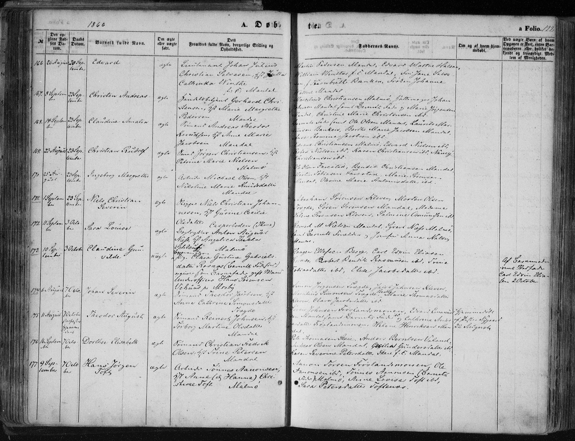 Mandal sokneprestkontor, AV/SAK-1111-0030/F/Fa/Faa/L0014: Parish register (official) no. A 14, 1859-1872, p. 122