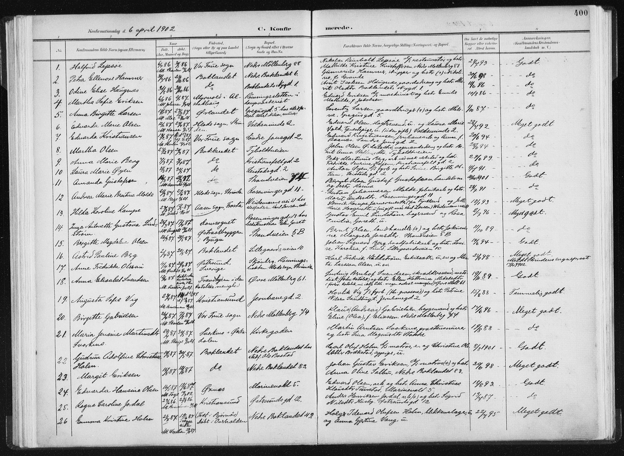 Ministerialprotokoller, klokkerbøker og fødselsregistre - Sør-Trøndelag, SAT/A-1456/604/L0200: Parish register (official) no. 604A20II, 1901-1908, p. 400