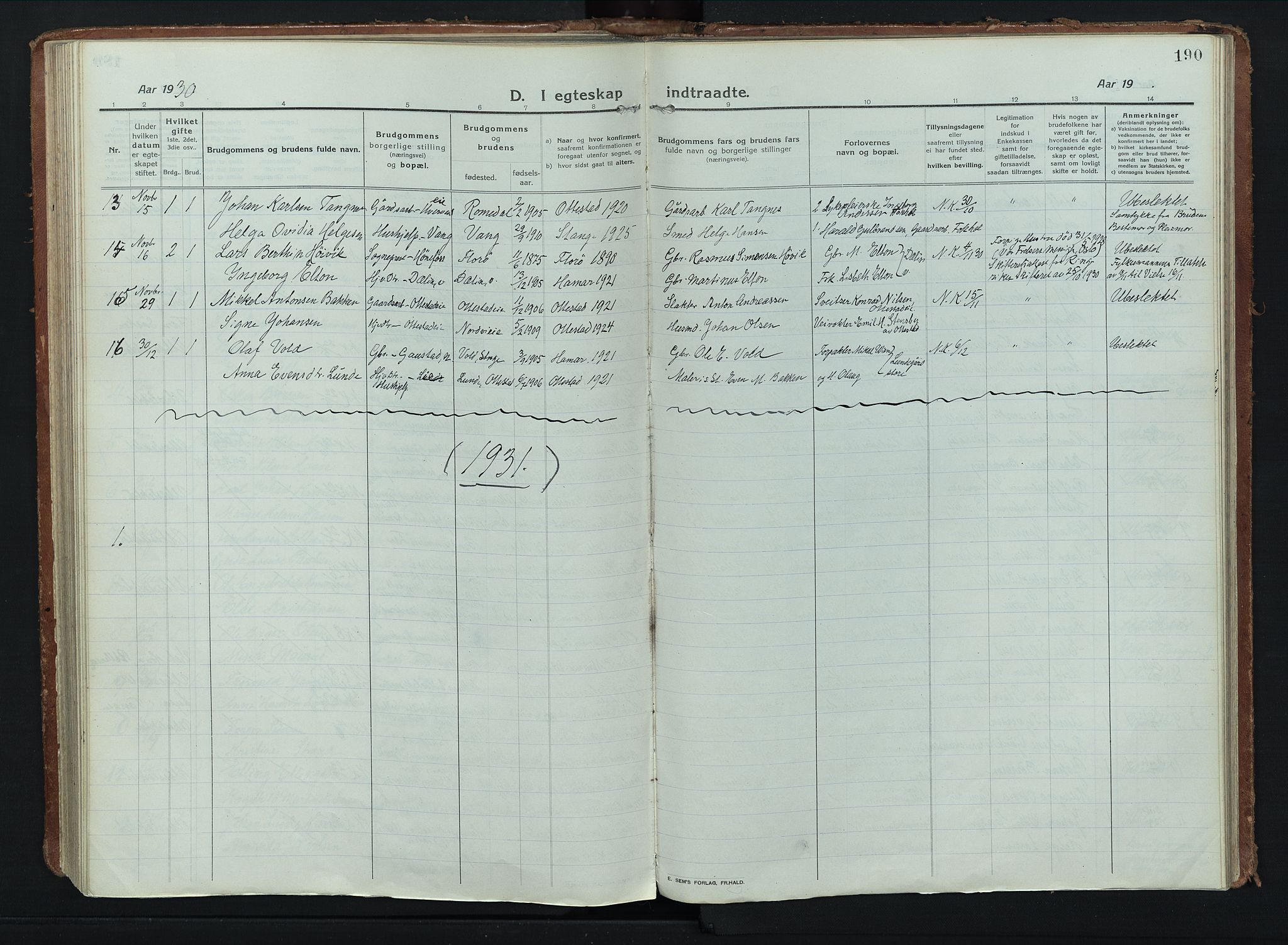 Stange prestekontor, AV/SAH-PREST-002/K/L0028: Parish register (official) no. 28, 1913-1932, p. 190