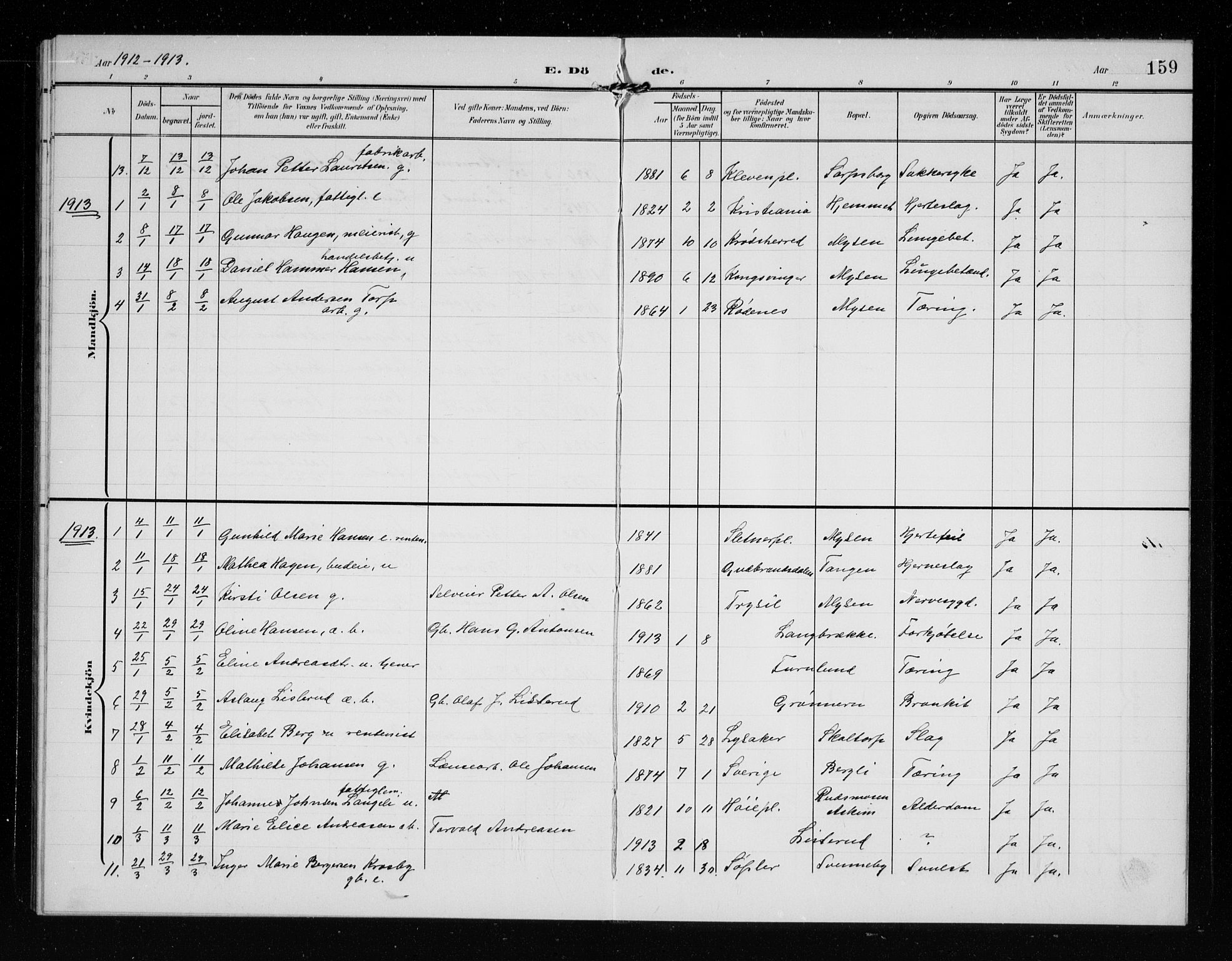 Eidsberg prestekontor Kirkebøker, AV/SAO-A-10905/G/Ga/L0002: Parish register (copy) no. I 2, 1903-1913, p. 159