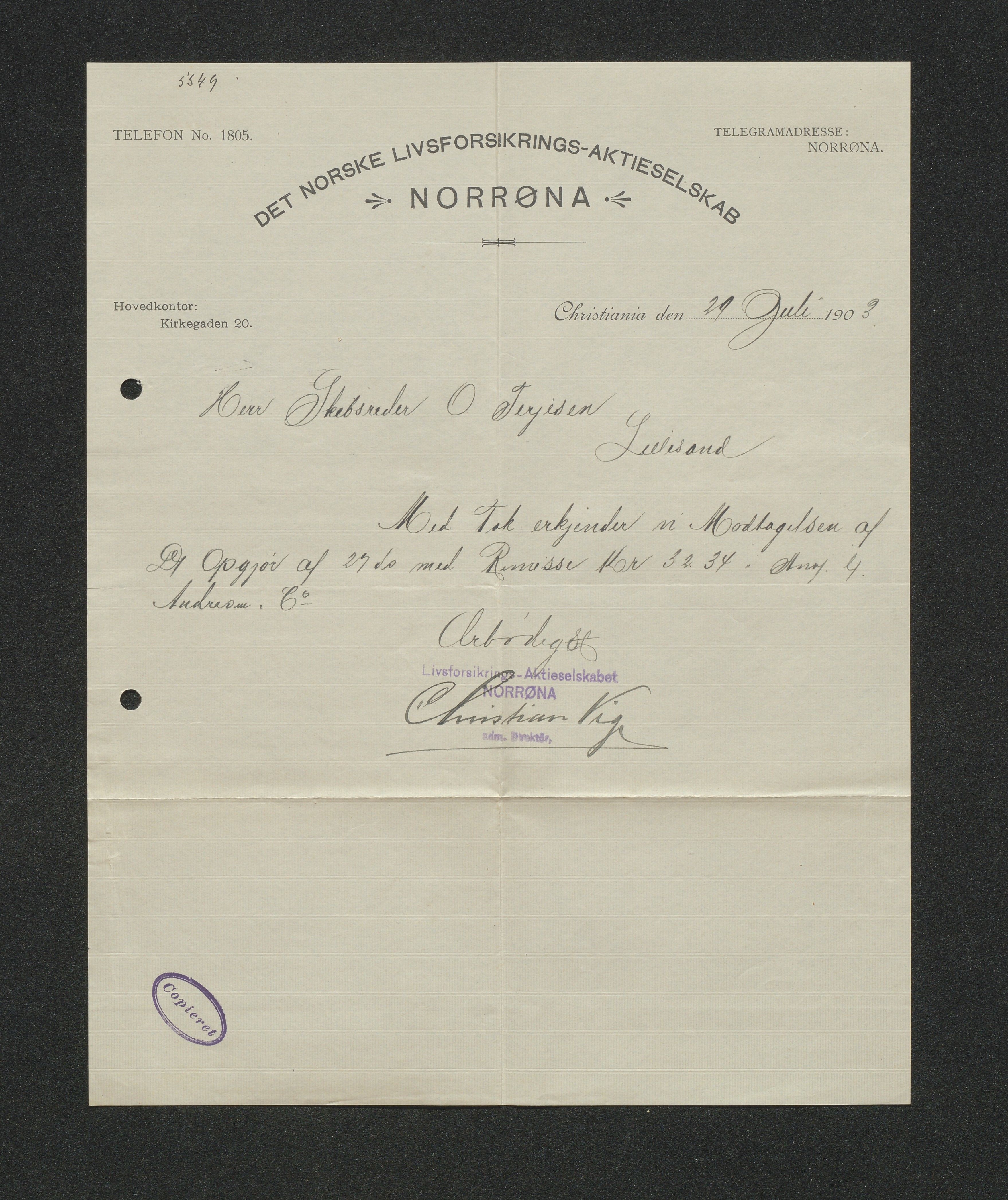 O. Terjesens rederi, AAKS/PA-2525/E/E01/L0011: Korrespondanse, 1903