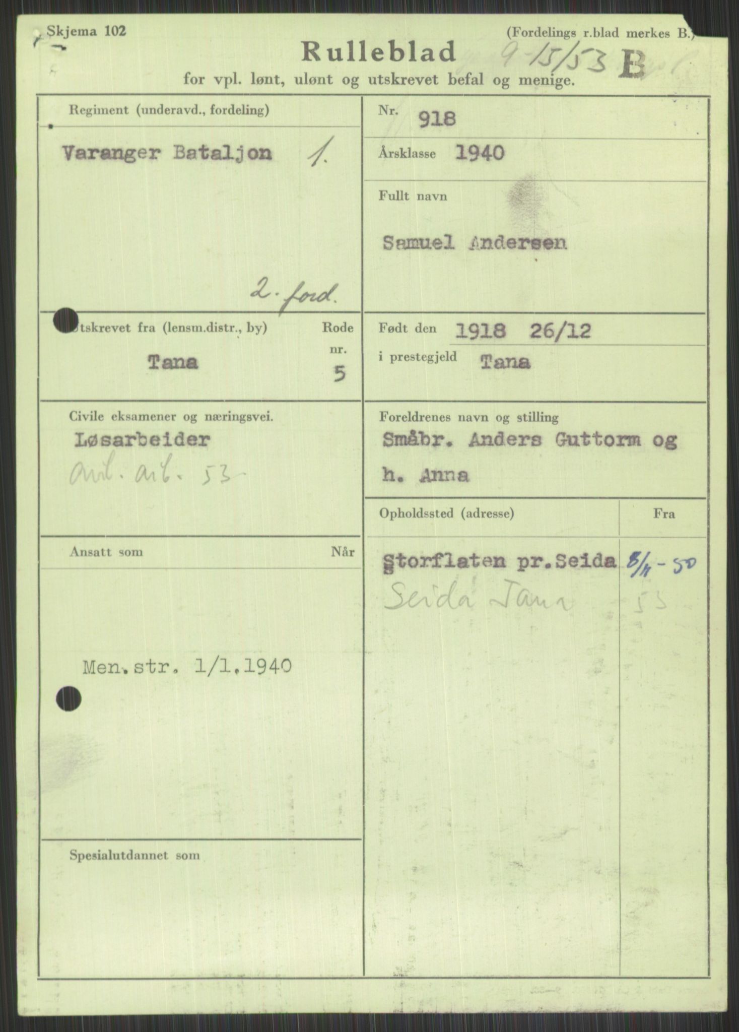 Forsvaret, Varanger bataljon, AV/RA-RAFA-2258/1/D/L0442: Rulleblad for fødte 1918-1919, 1918-1919, p. 11