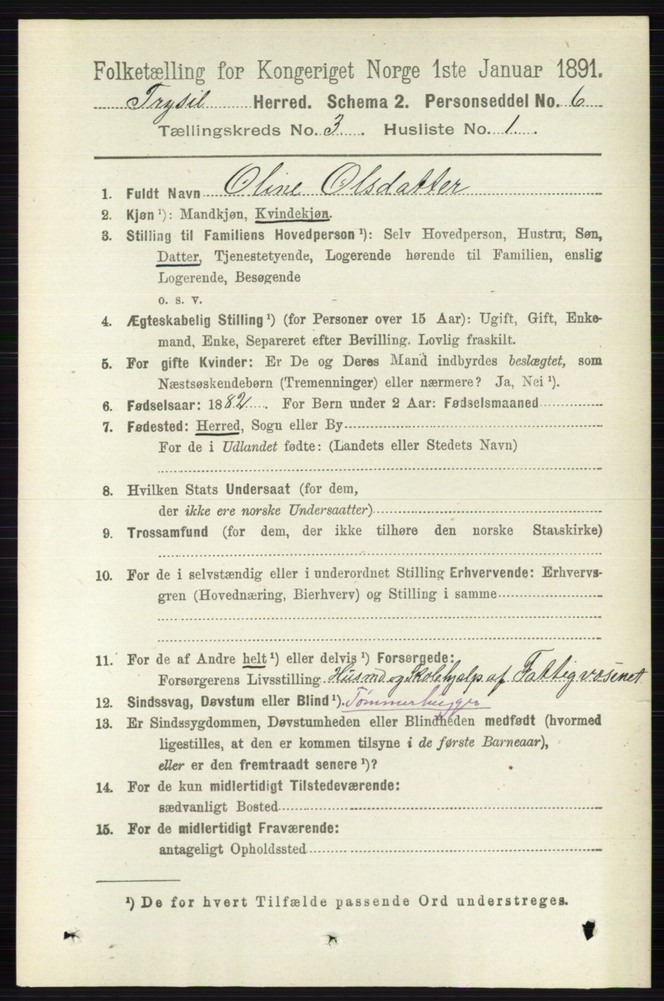 RA, 1891 census for 0428 Trysil, 1891, p. 1328