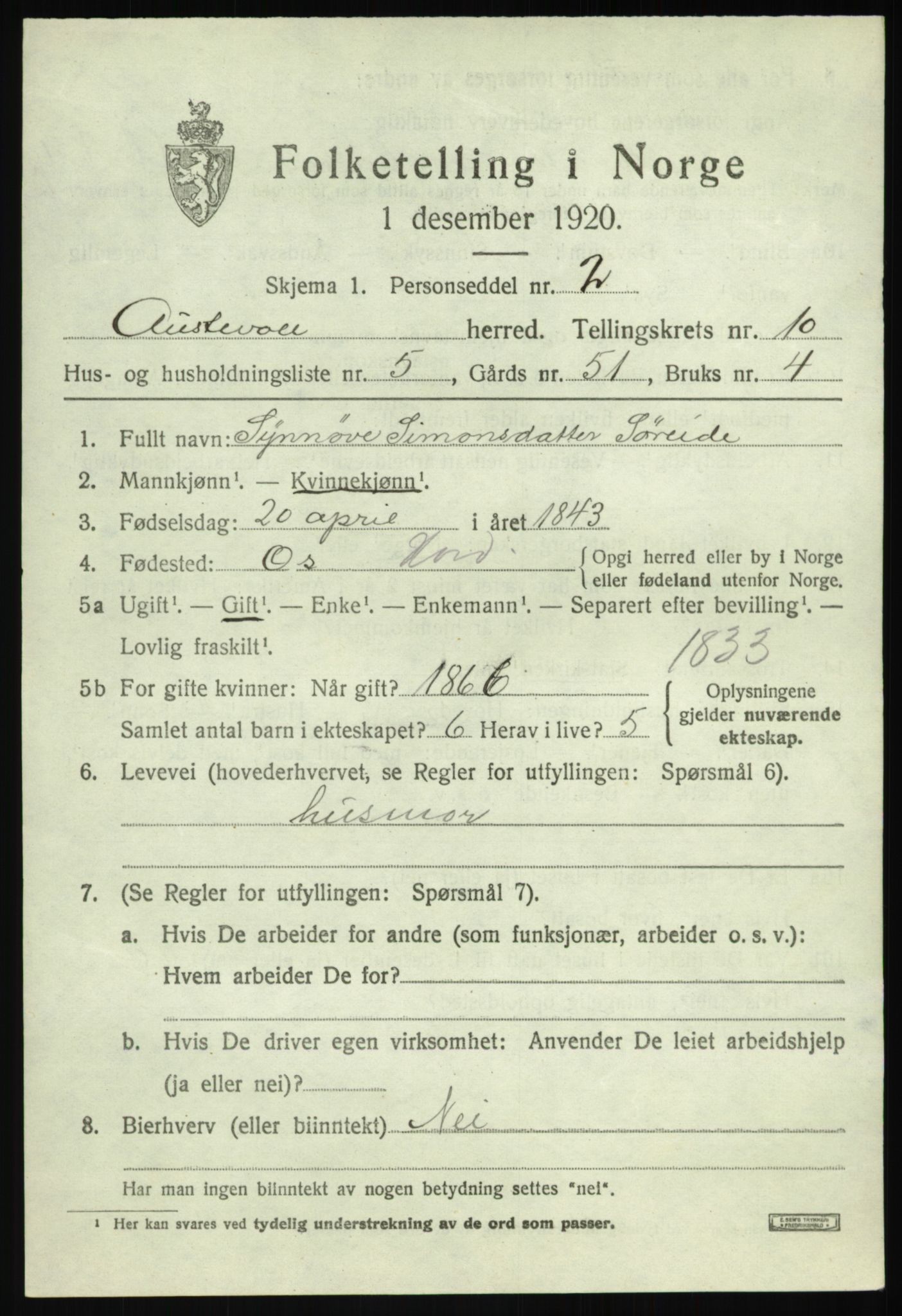 SAB, 1920 census for Austevoll, 1920, p. 5636