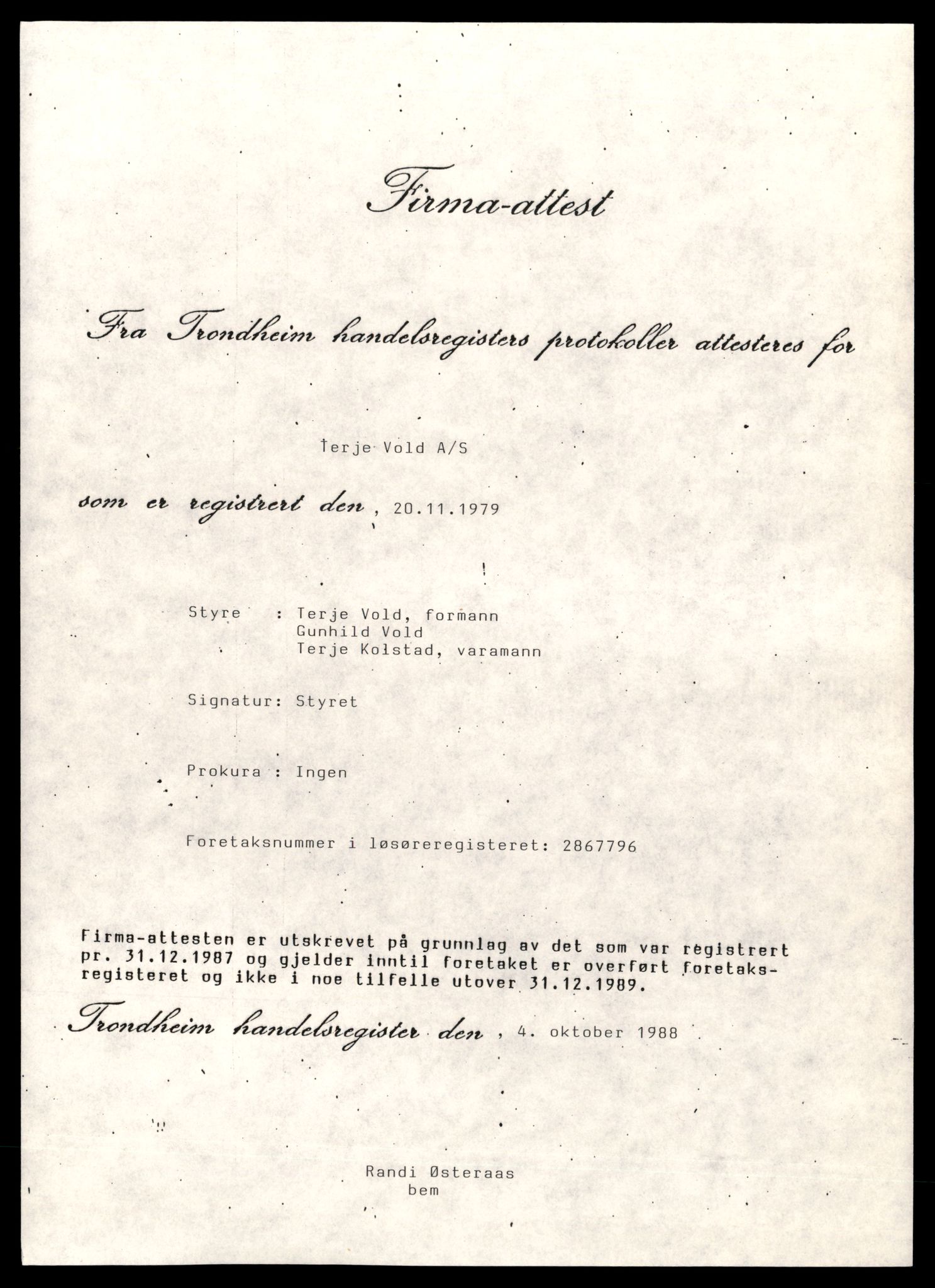 Trondheim byfogd, AV/SAT-A-0003/2/J/Jd/Jdd/L0060: Aksjeselskap, Vo-We, 1944-1990, p. 1