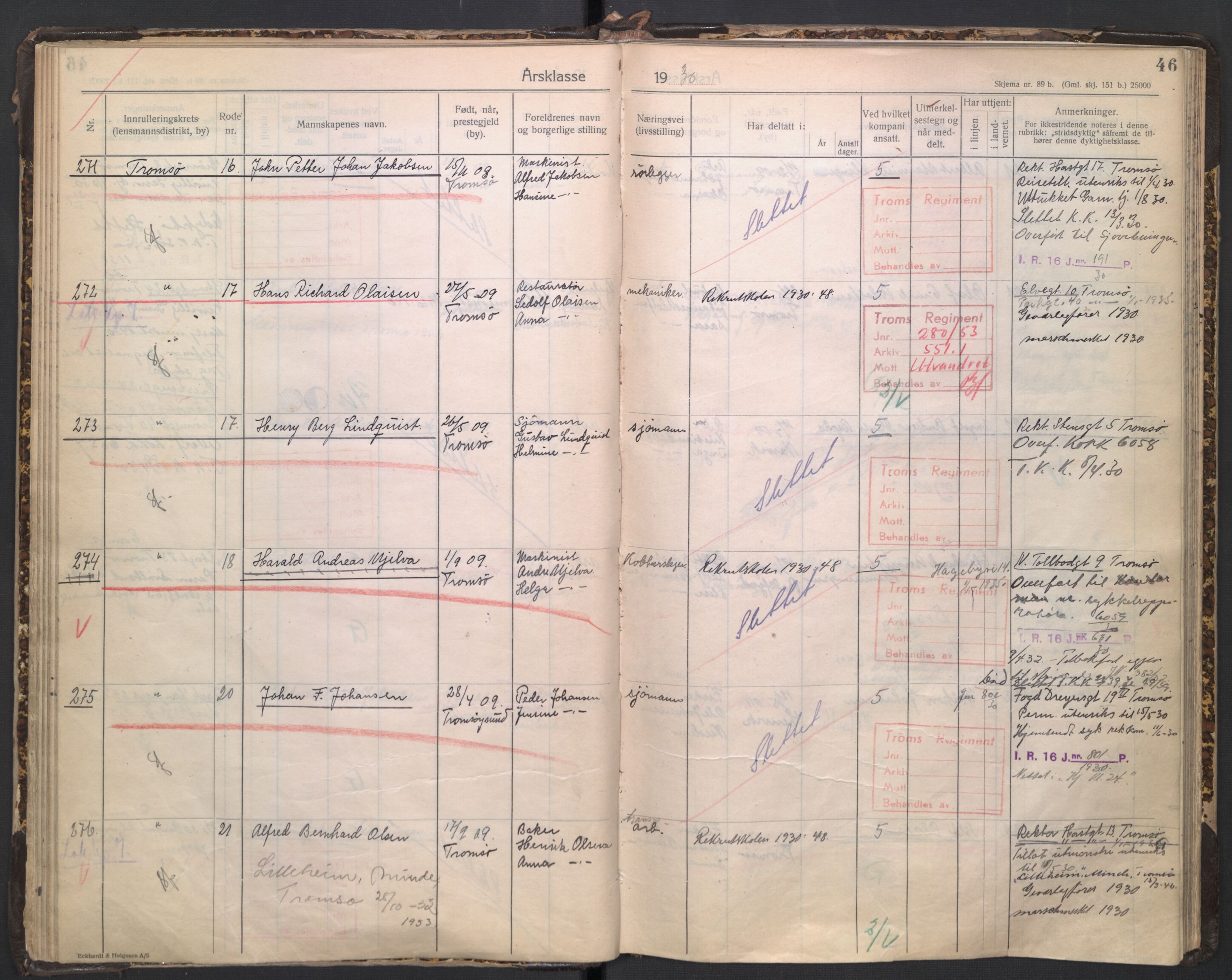 Forsvaret, Troms infanteriregiment nr. 16, AV/RA-RAFA-3146/P/Pa/L0005/0003: Ruller / Rulle for regimentets stridende menige mannskaper, årsklasse 1930, 1930, p. 46