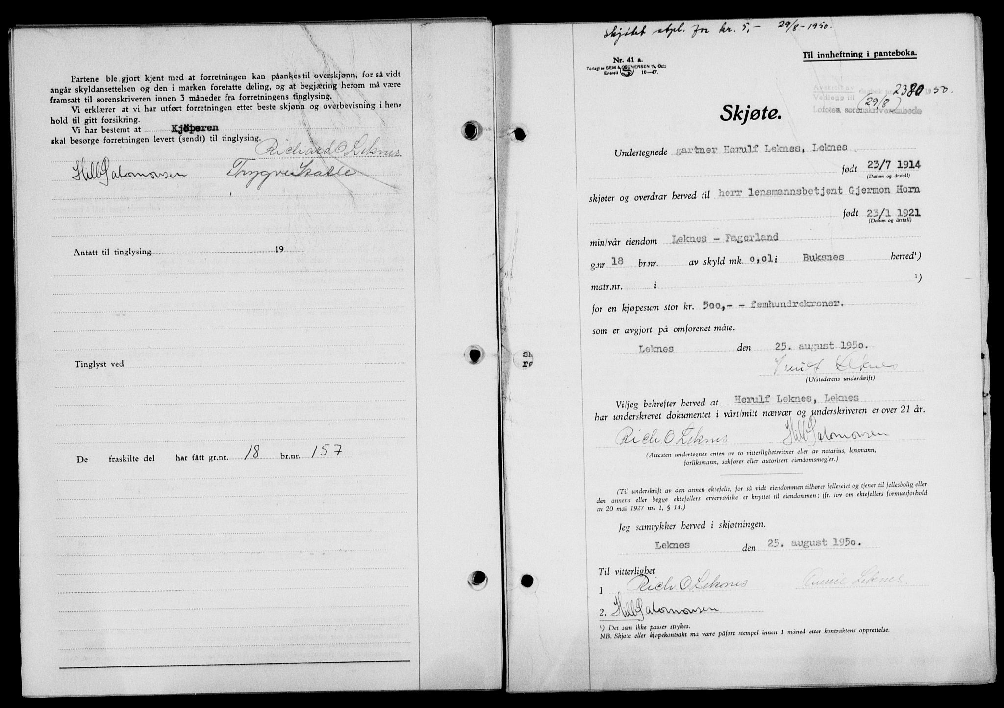 Lofoten sorenskriveri, SAT/A-0017/1/2/2C/L0024a: Mortgage book no. 24a, 1950-1950, Diary no: : 2380/1950