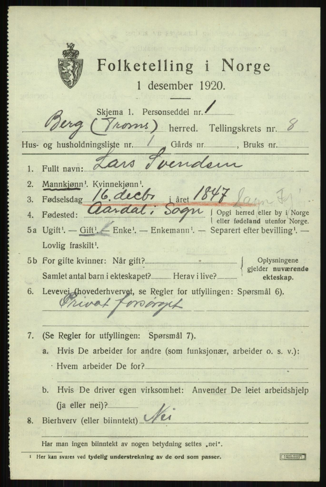 SATØ, 1920 census for Berg, 1920, p. 2743