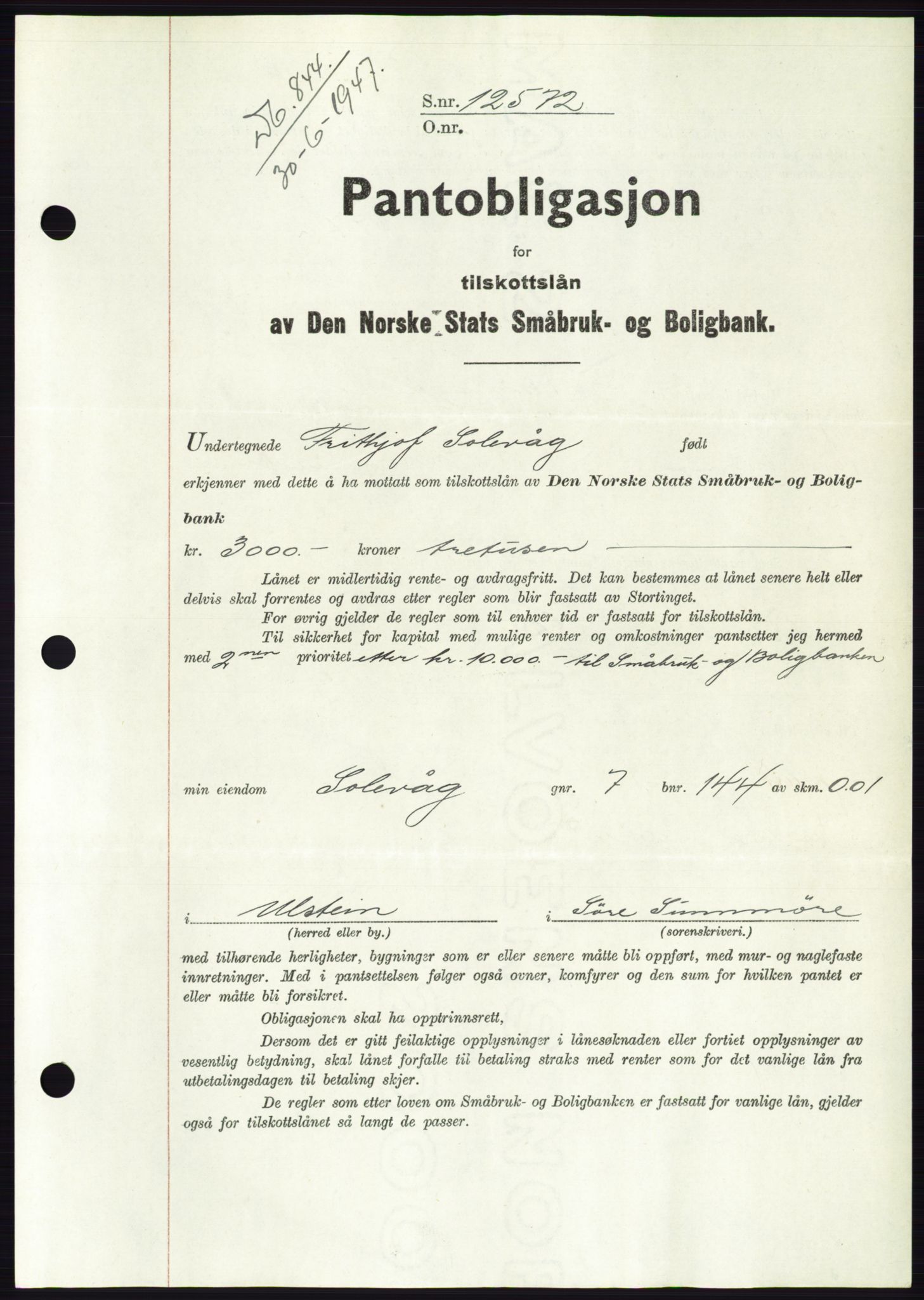 Søre Sunnmøre sorenskriveri, AV/SAT-A-4122/1/2/2C/L0115: Mortgage book no. 3B, 1947-1948, Diary no: : 844/1947