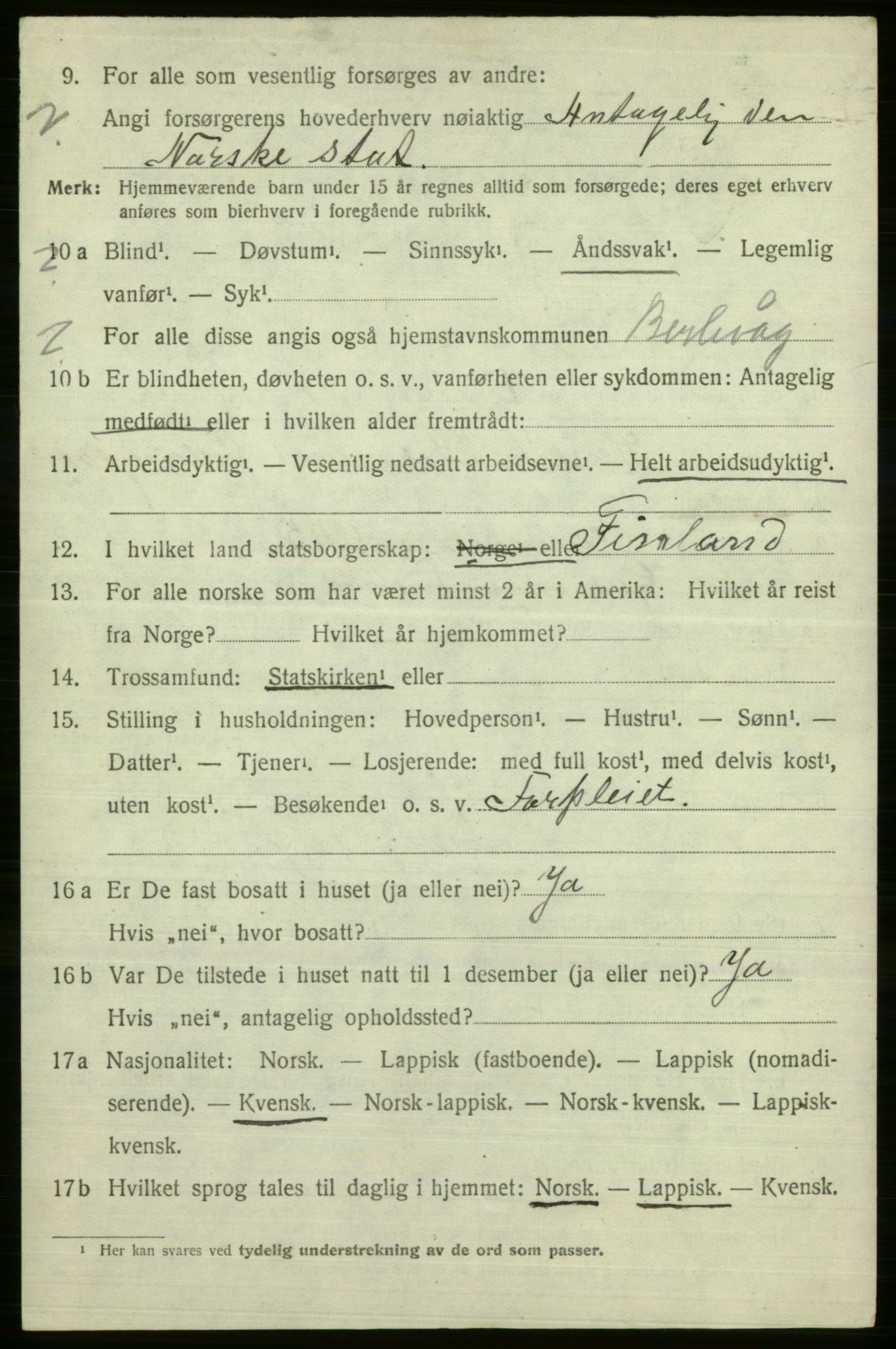 SATØ, 1920 census for Tana, 1920, p. 1157