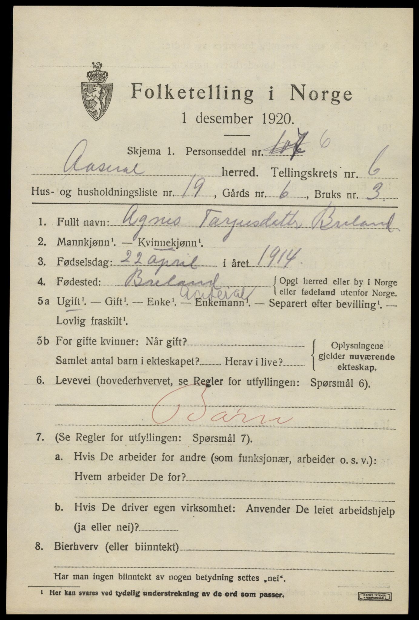 SAK, 1920 census for Åseral, 1920, p. 2010