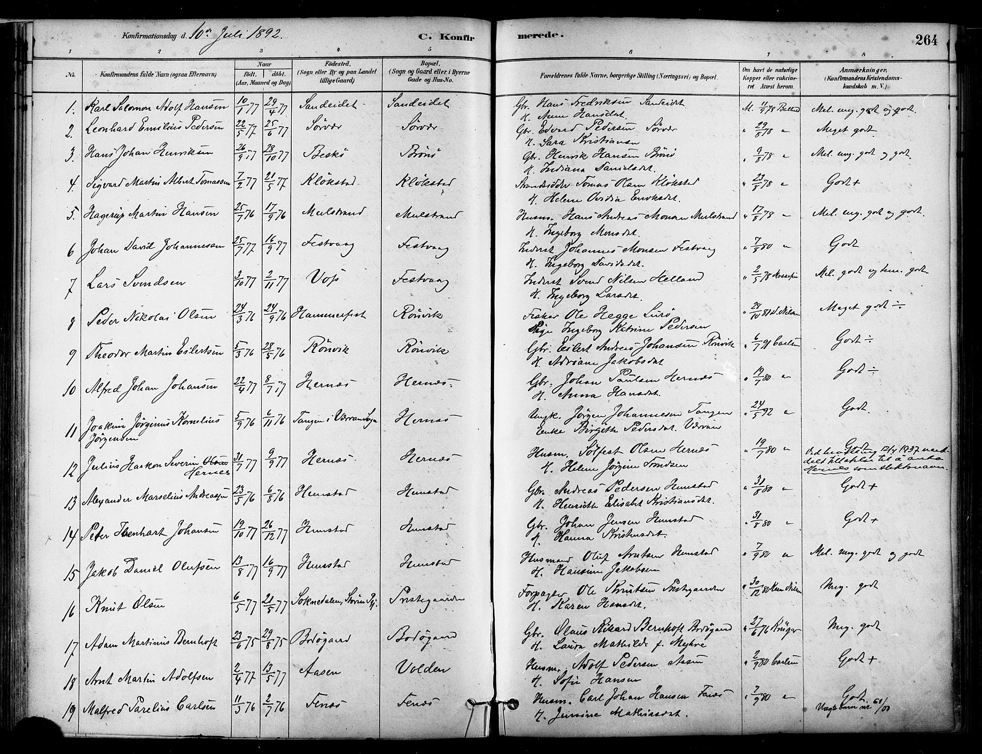 Ministerialprotokoller, klokkerbøker og fødselsregistre - Nordland, SAT/A-1459/802/L0054: Parish register (official) no. 802A01, 1879-1893, p. 264