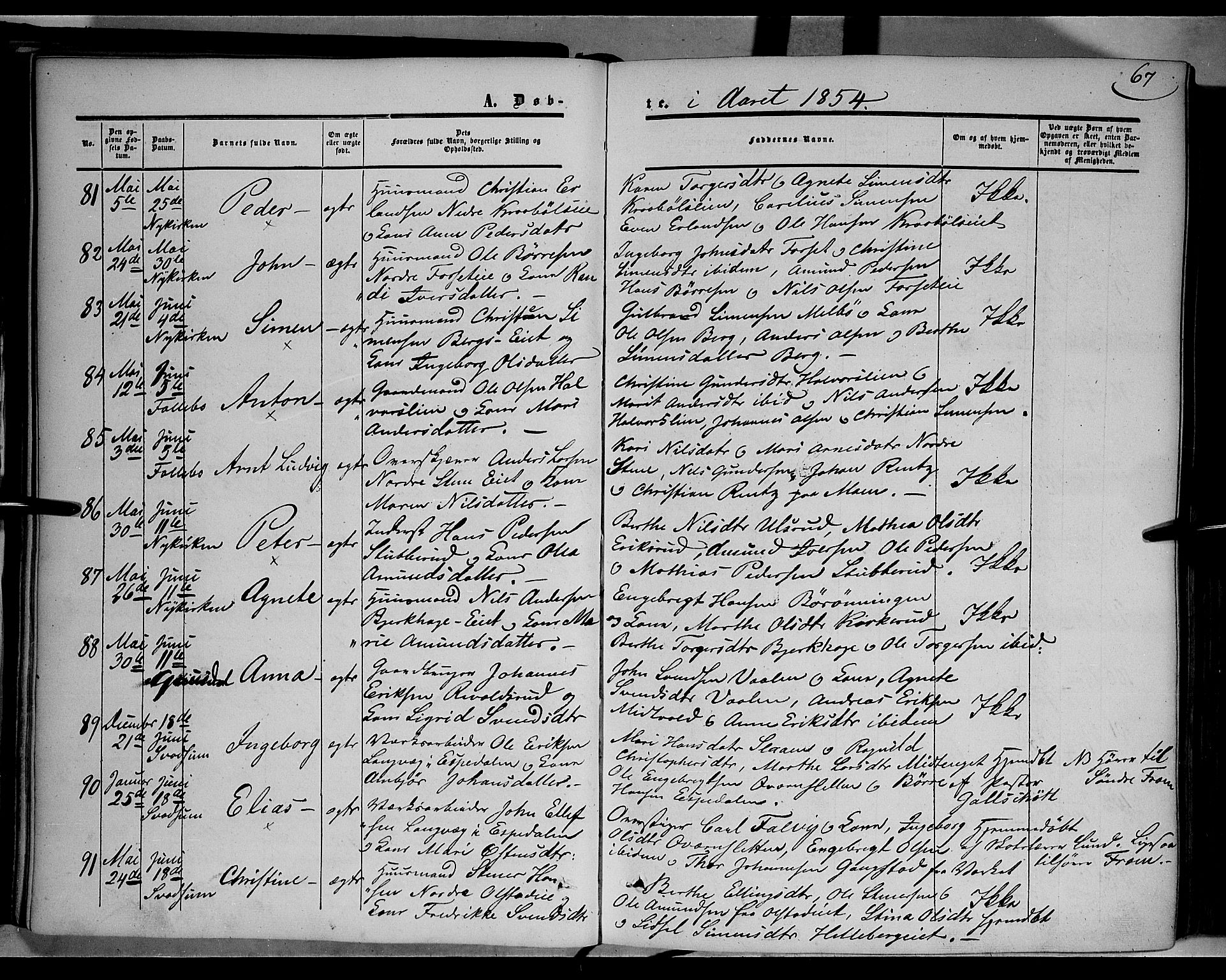 Gausdal prestekontor, AV/SAH-PREST-090/H/Ha/Haa/L0008: Parish register (official) no. 8, 1850-1861, p. 67