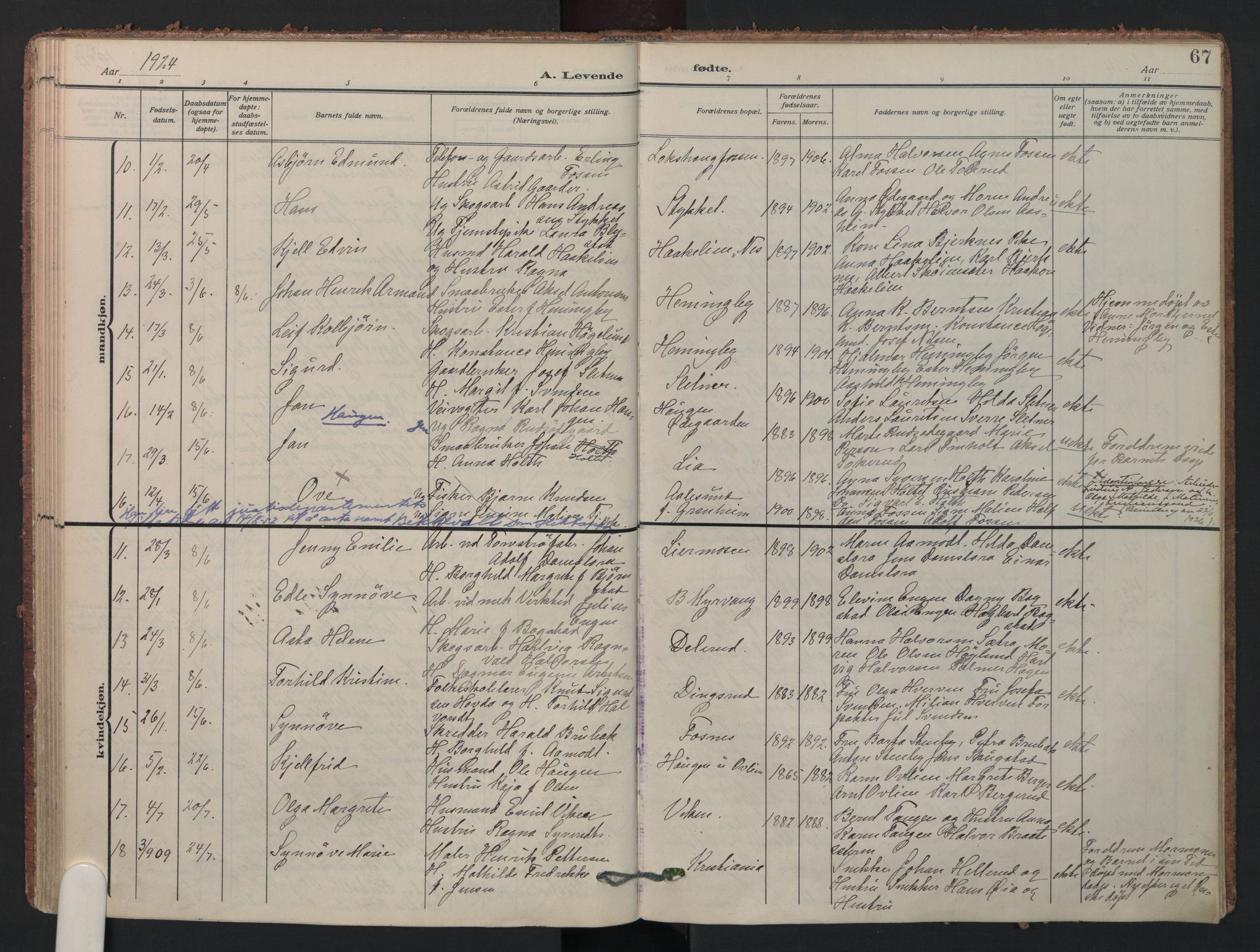 Aurskog prestekontor Kirkebøker, SAO/A-10304a/F/Fa/L0014: Parish register (official) no. I 14, 1911-1926, p. 67