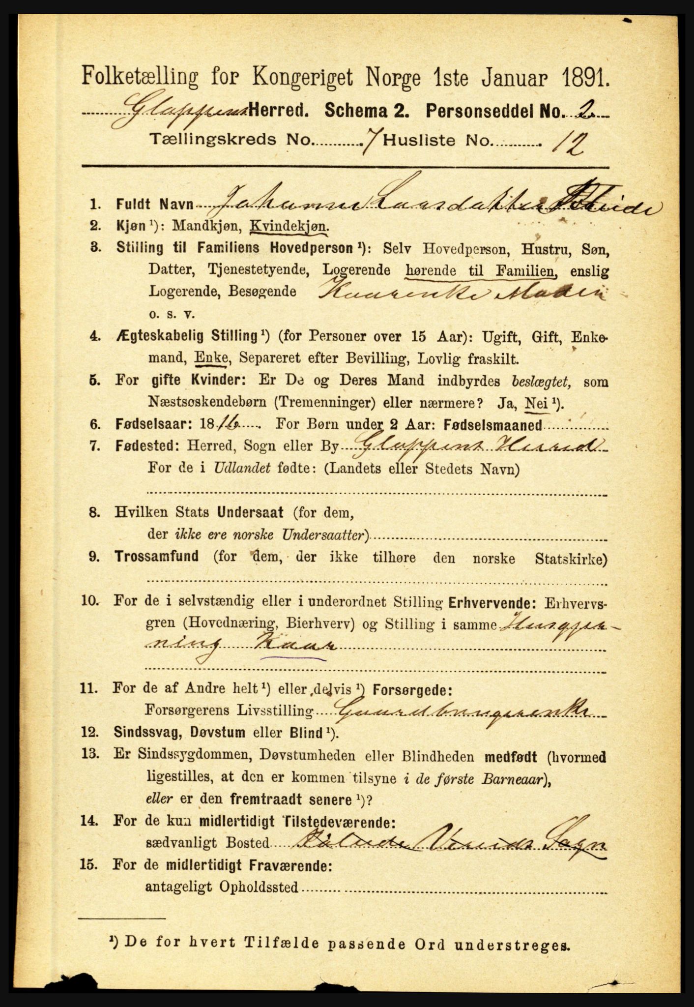 RA, 1891 census for 1445 Gloppen, 1891, p. 2733