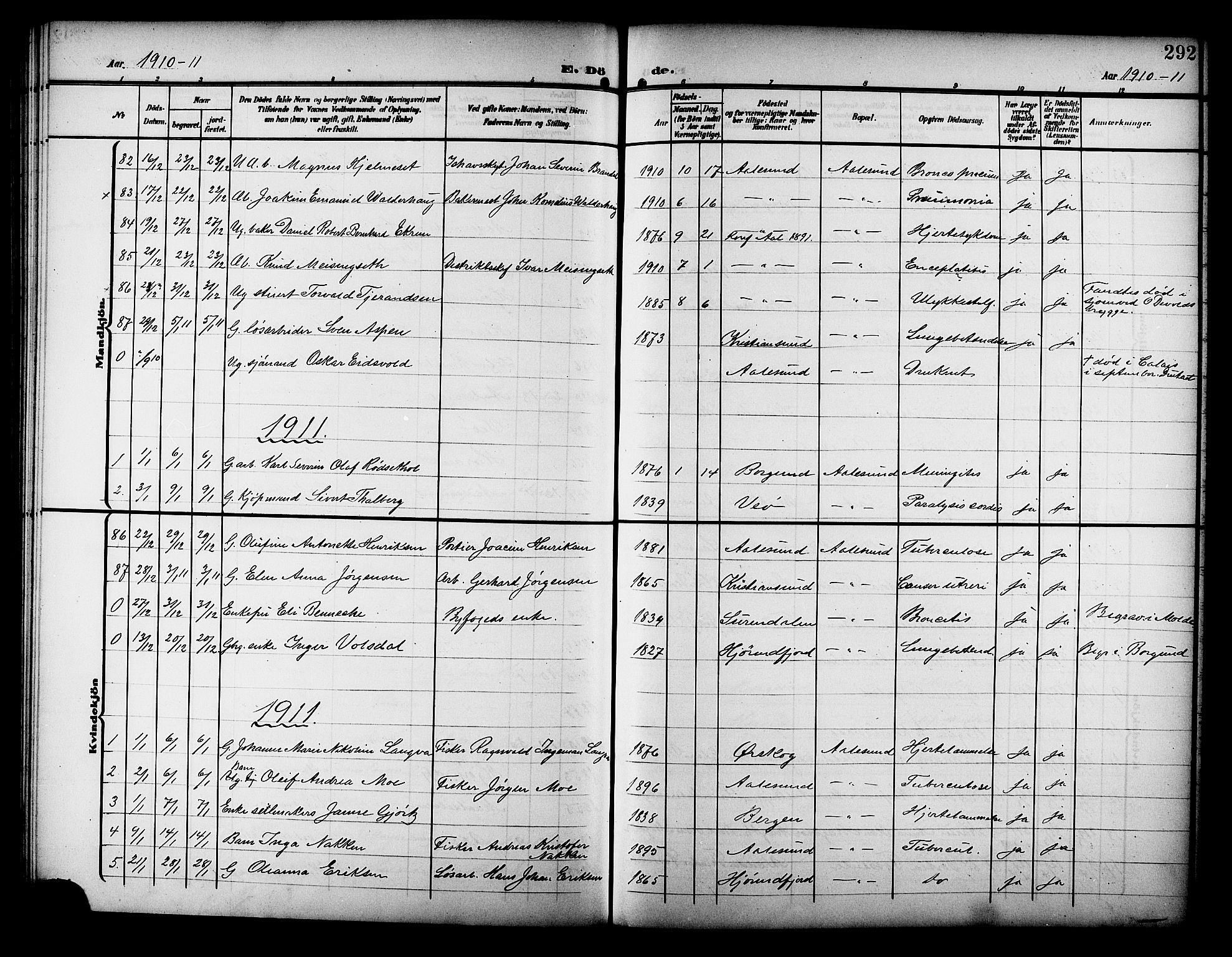 Ministerialprotokoller, klokkerbøker og fødselsregistre - Møre og Romsdal, AV/SAT-A-1454/529/L0470: Parish register (copy) no. 529C07, 1907-1917, p. 292