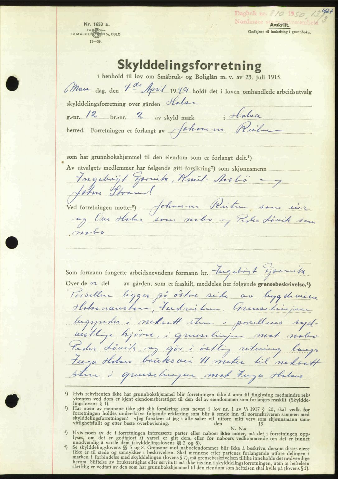 Nordmøre sorenskriveri, AV/SAT-A-4132/1/2/2Ca: Mortgage book no. A114, 1950-1950, Diary no: : 810/1950