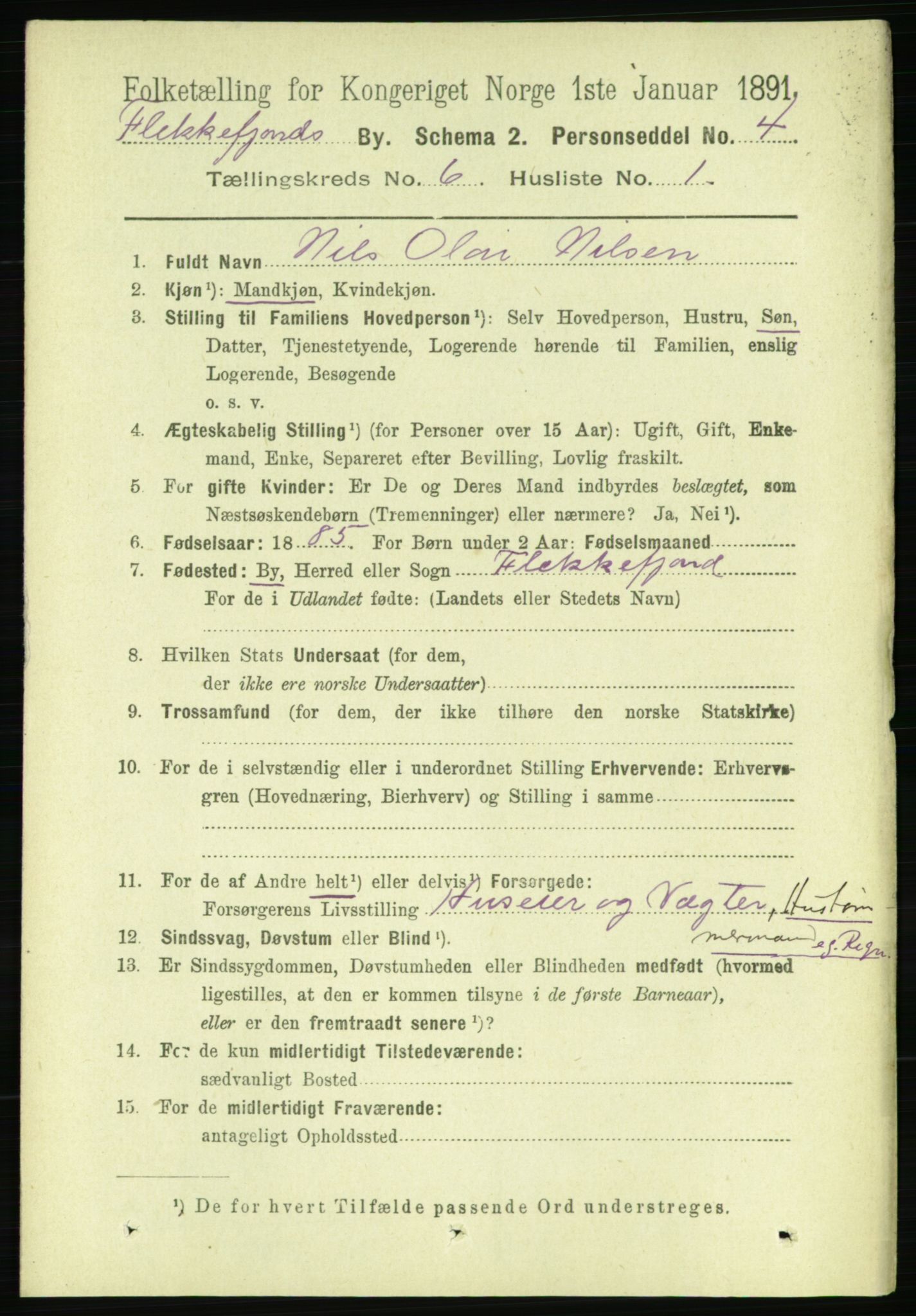 RA, 1891 census for 1004 Flekkefjord, 1891, p. 1164