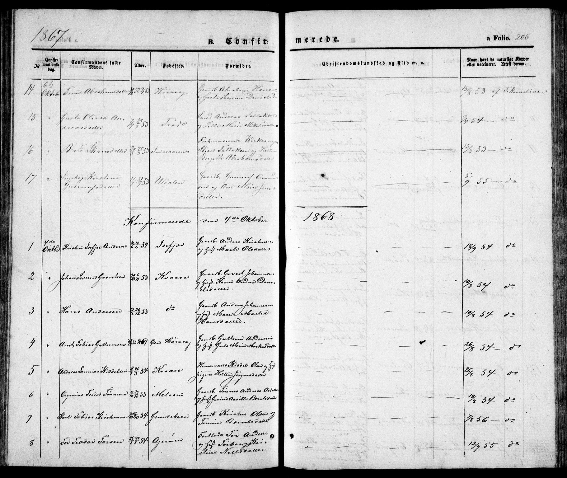 Høvåg sokneprestkontor, AV/SAK-1111-0025/F/Fb/L0002: Parish register (copy) no. B 2, 1847-1869, p. 206