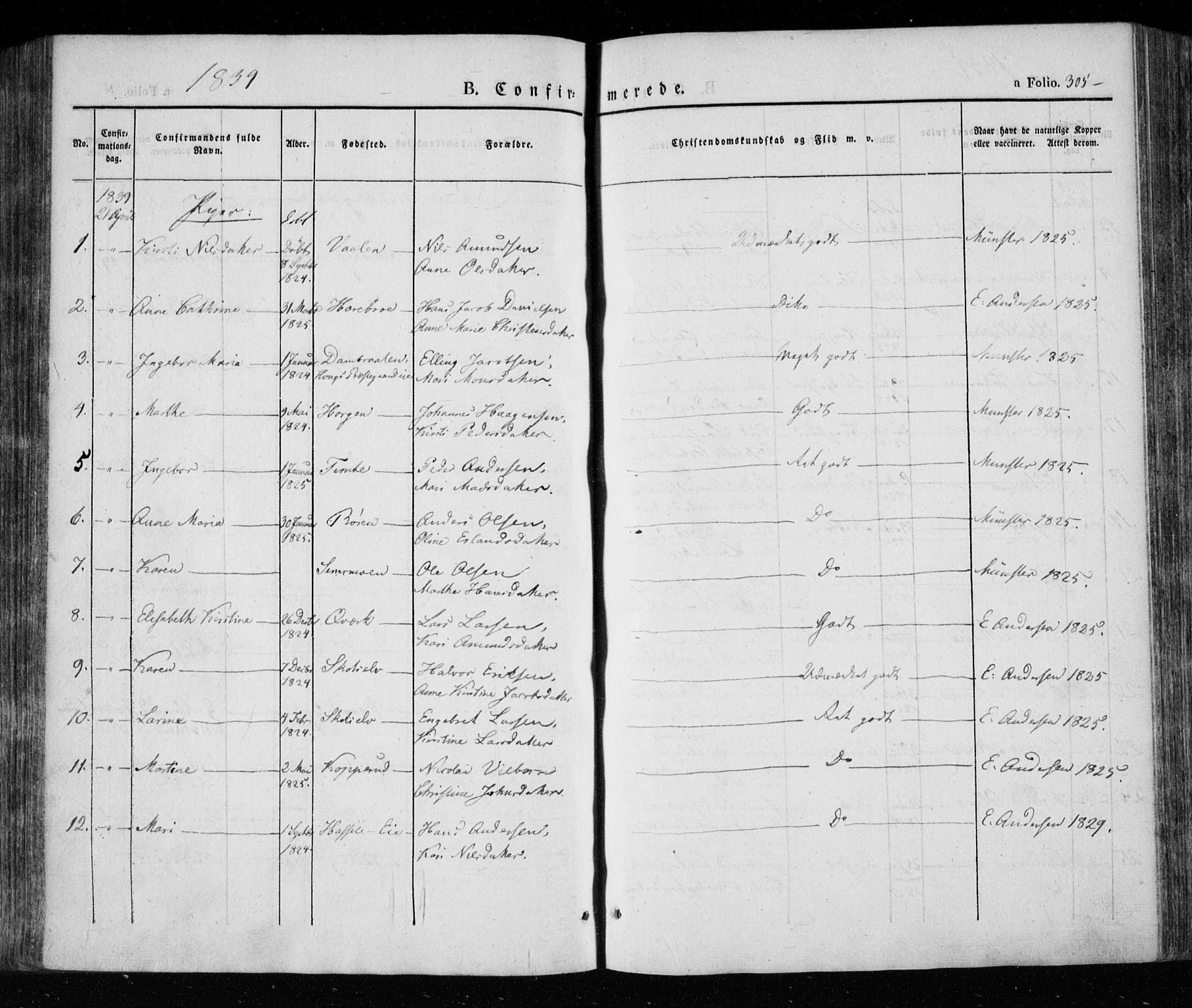 Eiker kirkebøker, SAKO/A-4/F/Fa/L0013a: Parish register (official) no. I 13A, 1832-1845, p. 305
