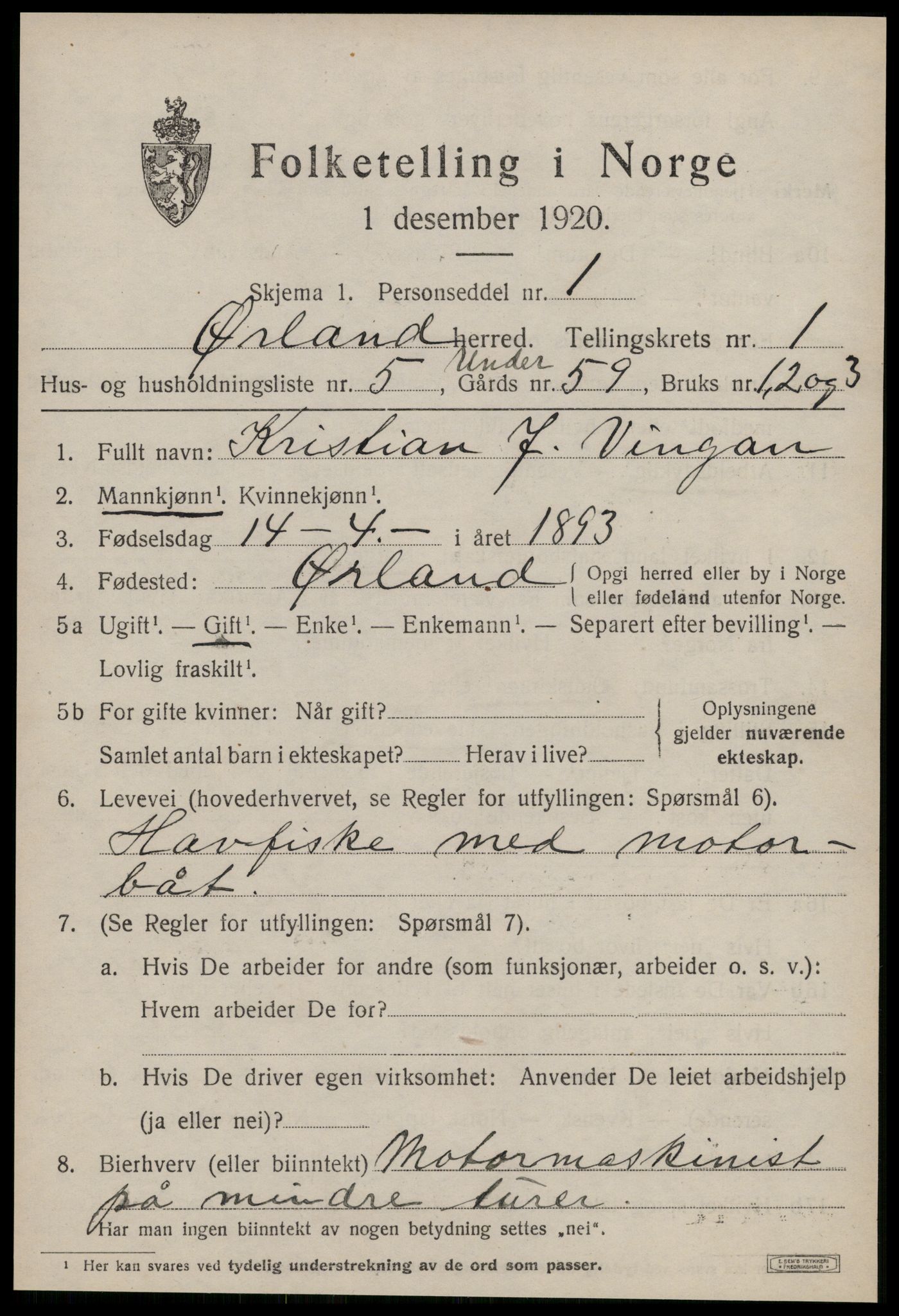 SAT, 1920 census for Ørland, 1920, p. 1403