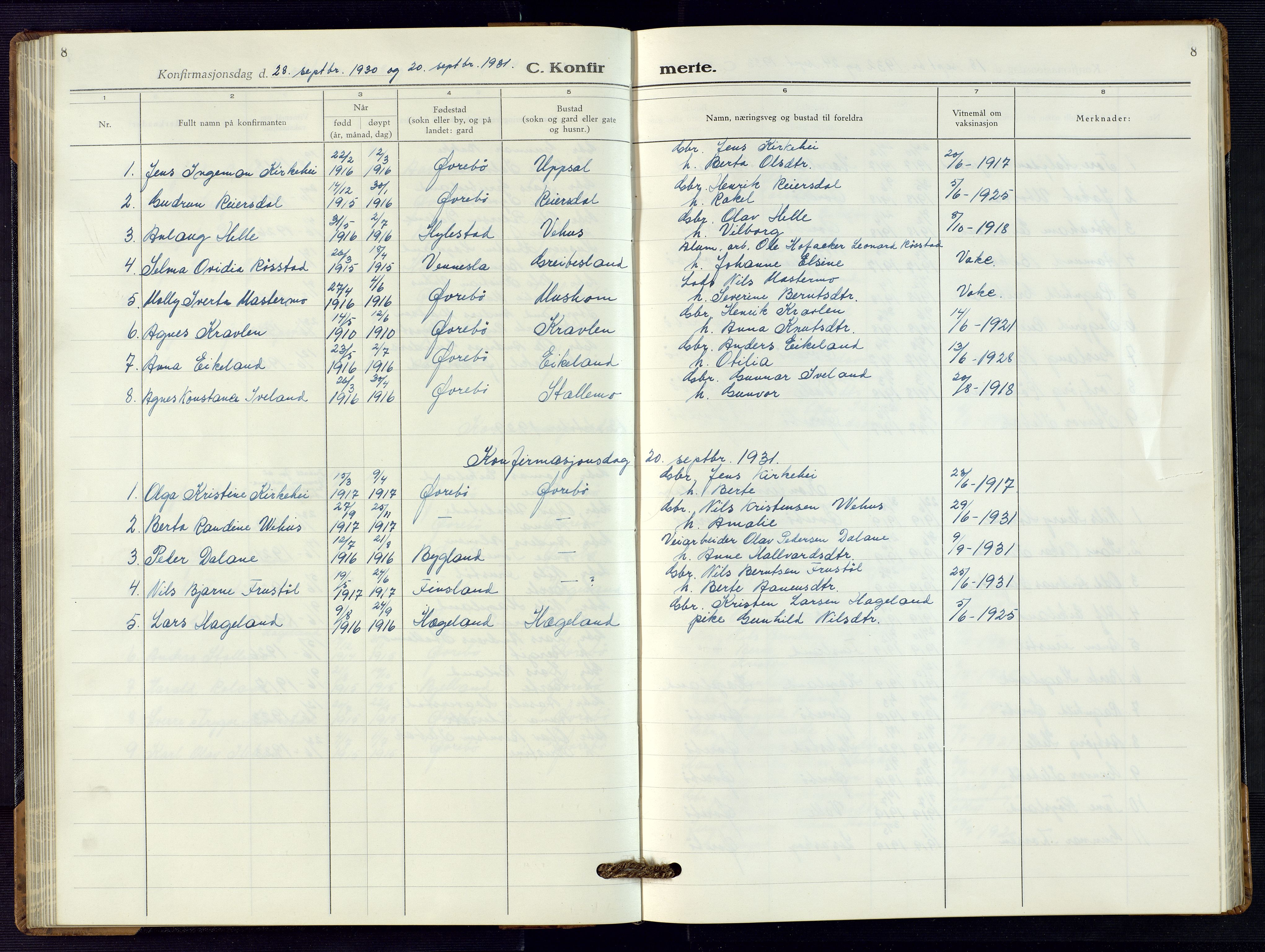 Vennesla sokneprestkontor, SAK/1111-0045/Fb/Fbc/L0004: Parish register (copy) no. B 4, 1921-1972, p. 8