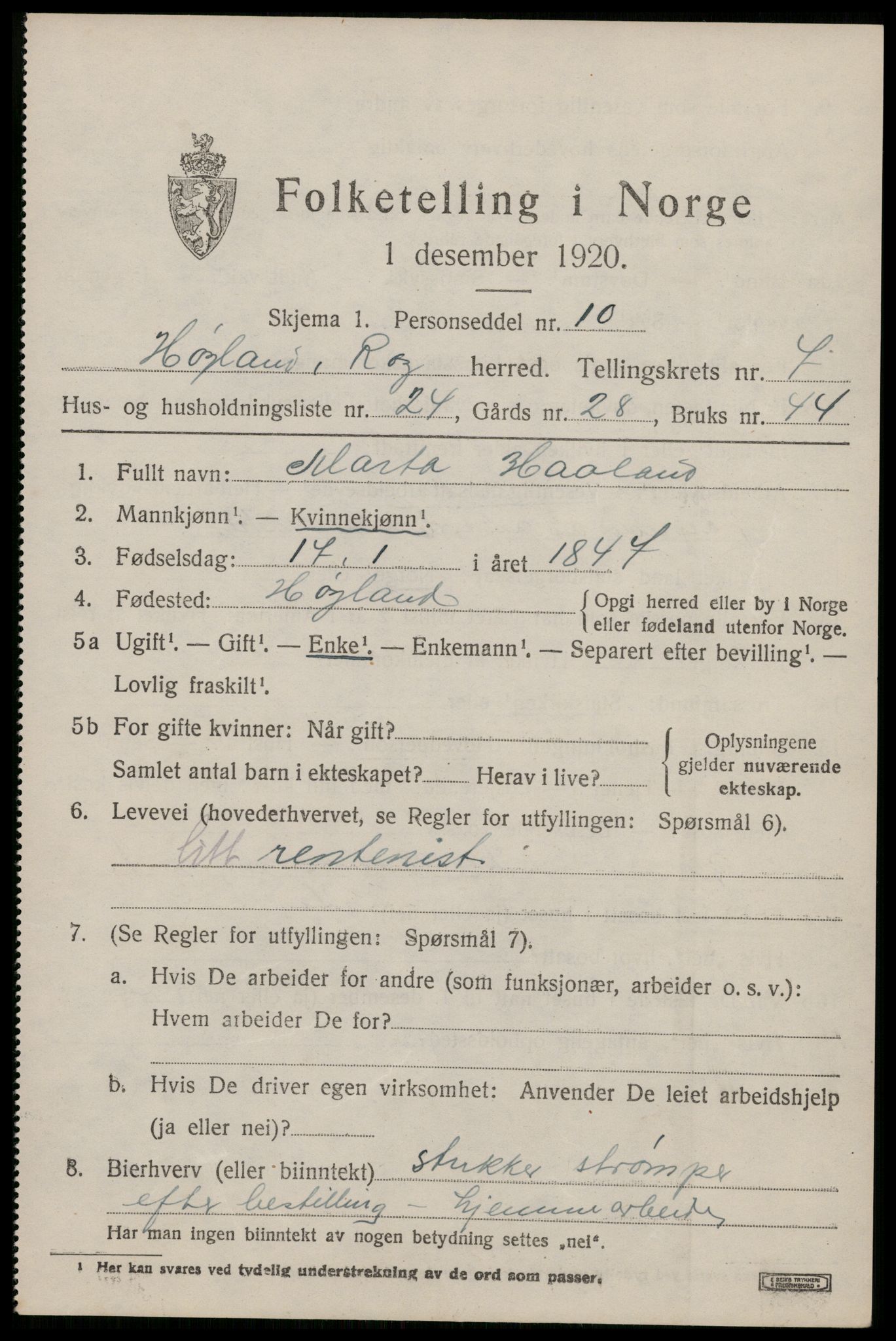 SAST, 1920 census for Høyland, 1920, p. 4942