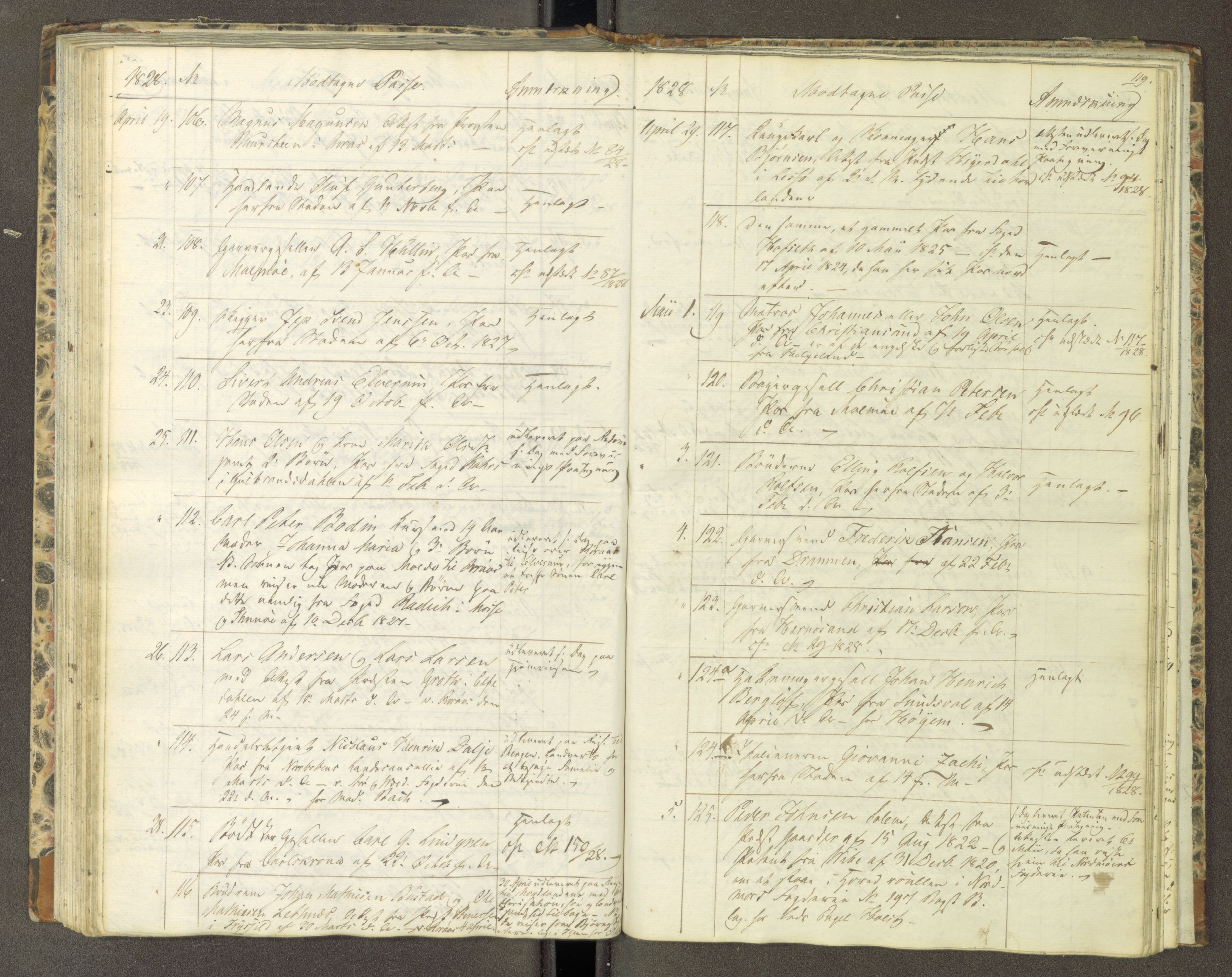 Trondheim politikammer, AV/SAT-A-1887/1/30/L0004: Passprotokoll. Første del:utstedtete pass. Andre del :innleverte/fornyede, 1827-1830, p. 118b-119a