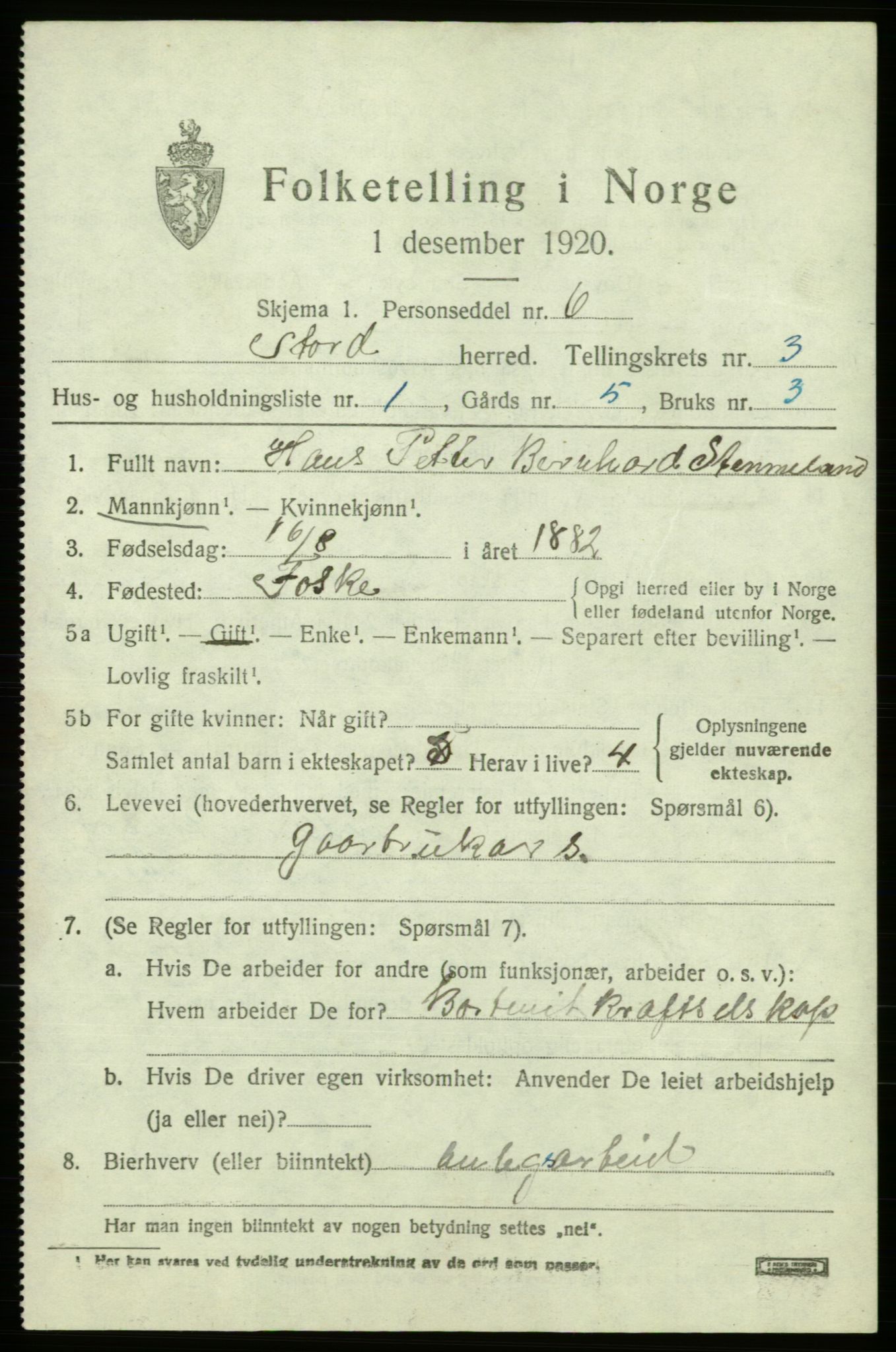 SAB, 1920 census for Stord, 1920, p. 1777