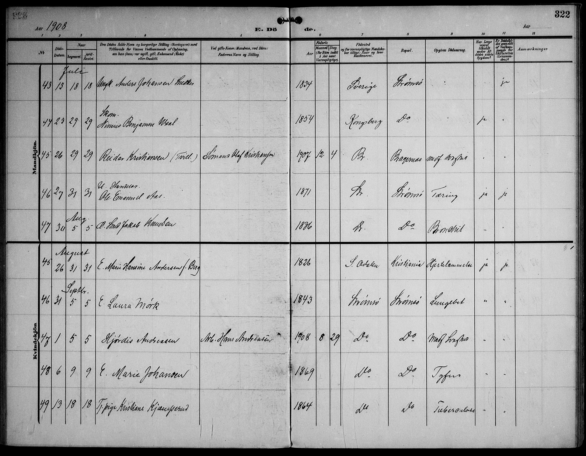 Strømsø kirkebøker, AV/SAKO-A-246/F/Fa/L0026: Parish register (official) no. I 26, 1905-1914, p. 322