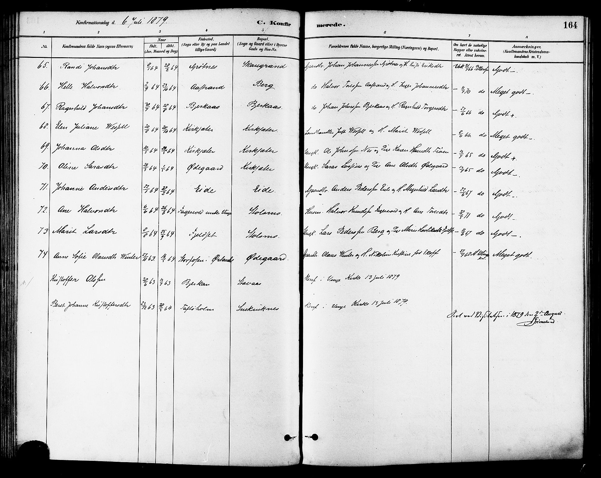 Ministerialprotokoller, klokkerbøker og fødselsregistre - Sør-Trøndelag, AV/SAT-A-1456/630/L0496: Parish register (official) no. 630A09, 1879-1895, p. 164