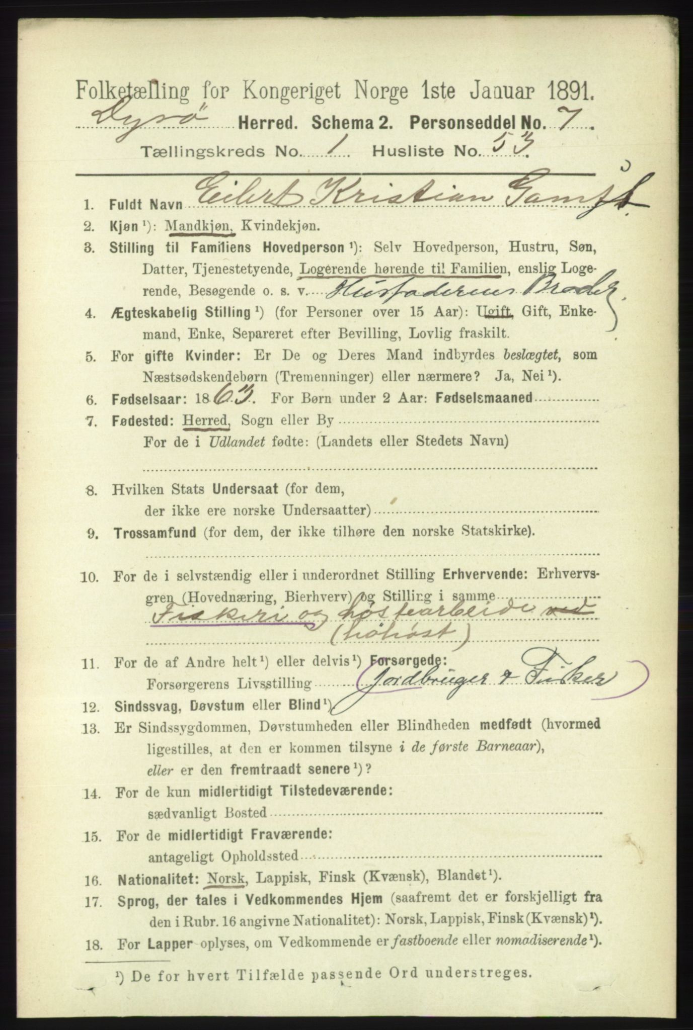 RA, 1891 census for 1926 Dyrøy, 1891, p. 397