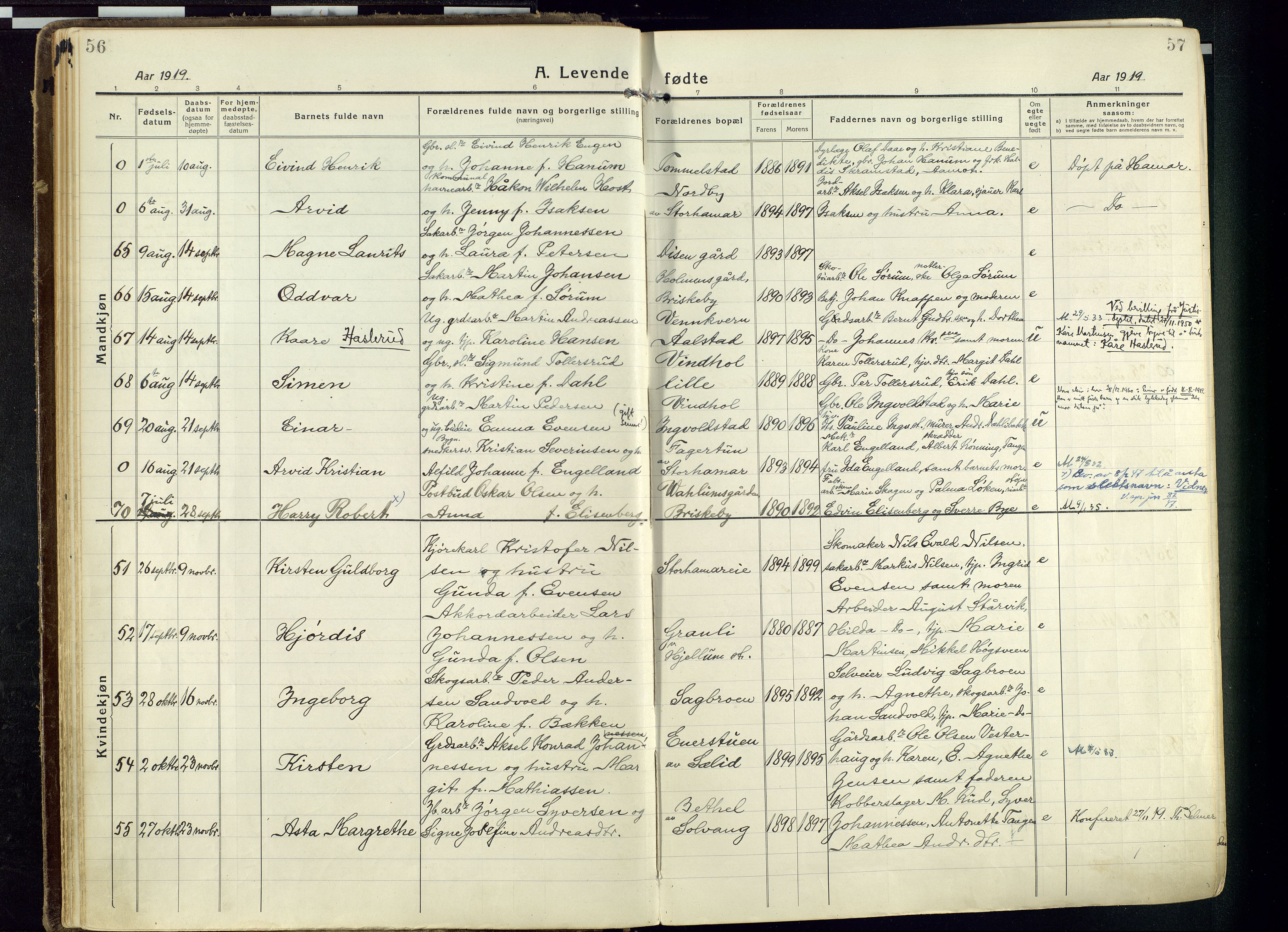 Vang prestekontor, Hedmark, AV/SAH-PREST-008/H/Ha/Haa/L0022: Parish register (official) no. 22, 1918-1944, p. 56-57