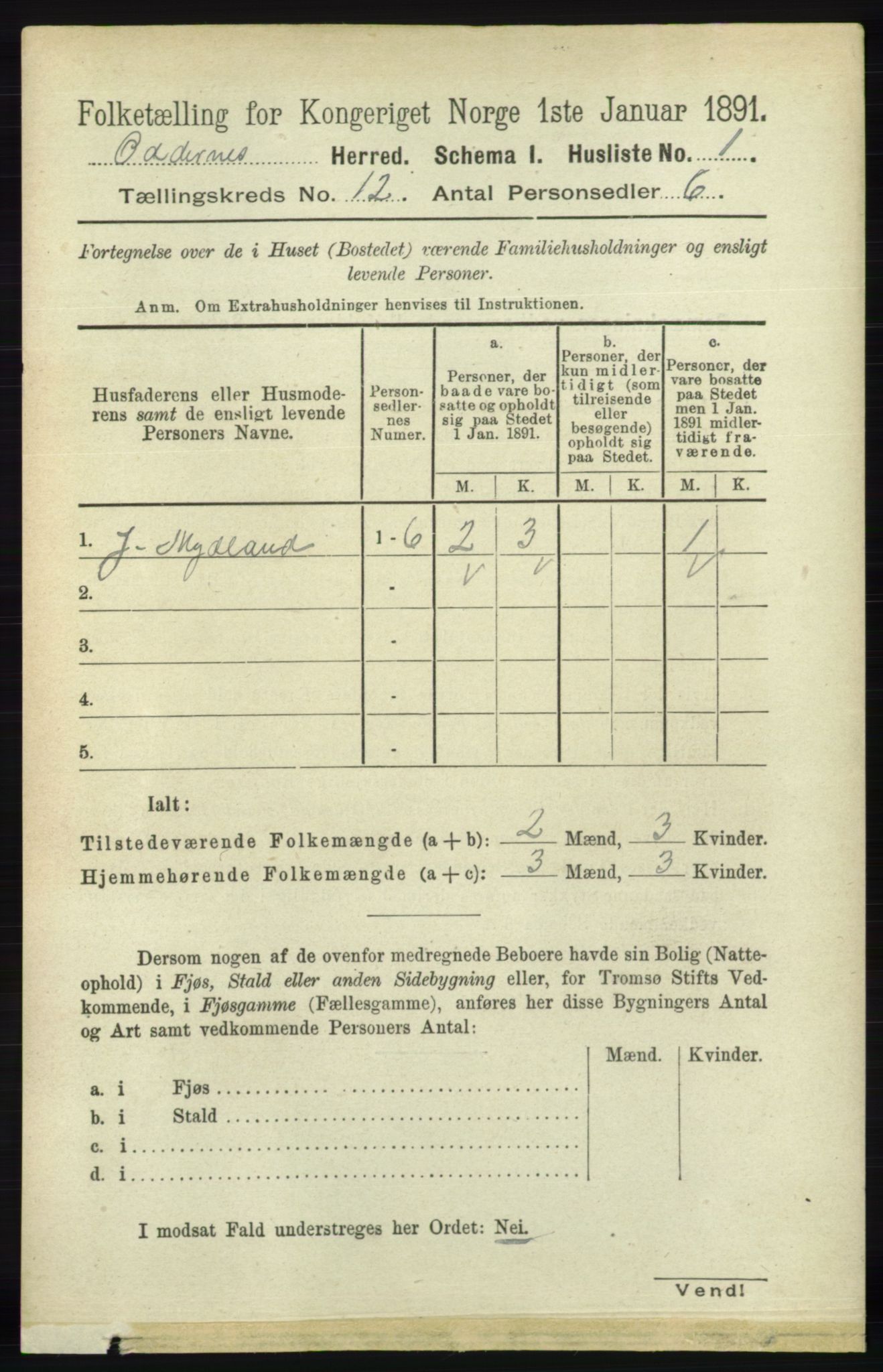 RA, 1891 census for 1012 Oddernes, 1891, p. 4311