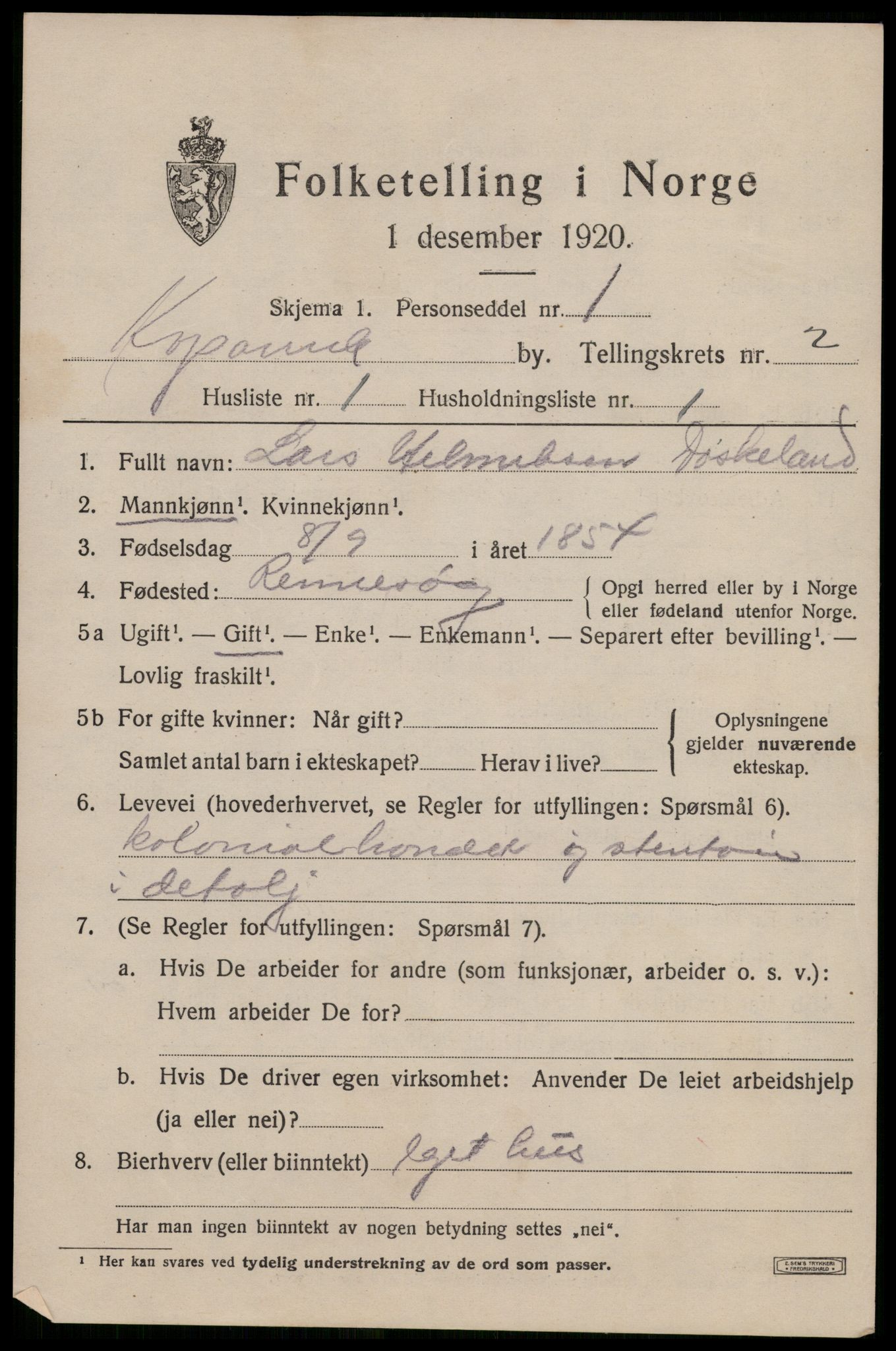 SAST, 1920 census for Kopervik, 1920, p. 2668