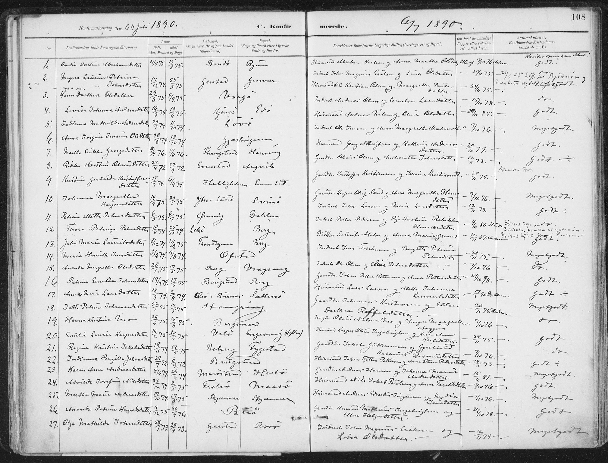 Ministerialprotokoller, klokkerbøker og fødselsregistre - Nord-Trøndelag, SAT/A-1458/786/L0687: Parish register (official) no. 786A03, 1888-1898, p. 108