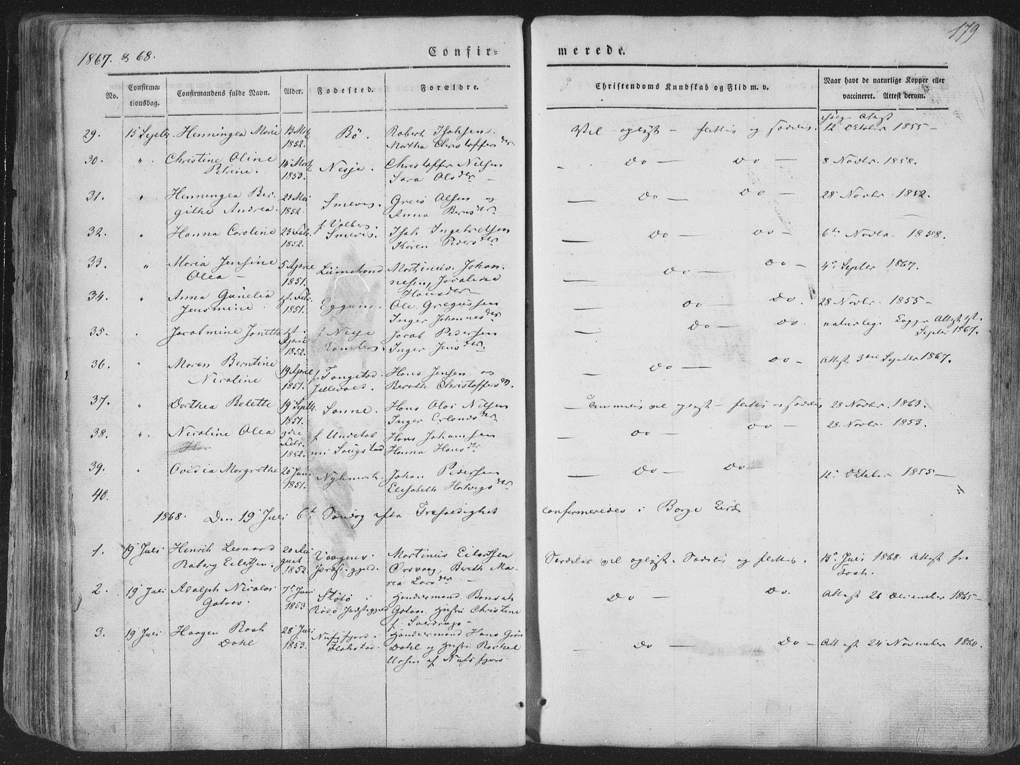 Ministerialprotokoller, klokkerbøker og fødselsregistre - Nordland, AV/SAT-A-1459/880/L1131: Parish register (official) no. 880A05, 1844-1868, p. 179