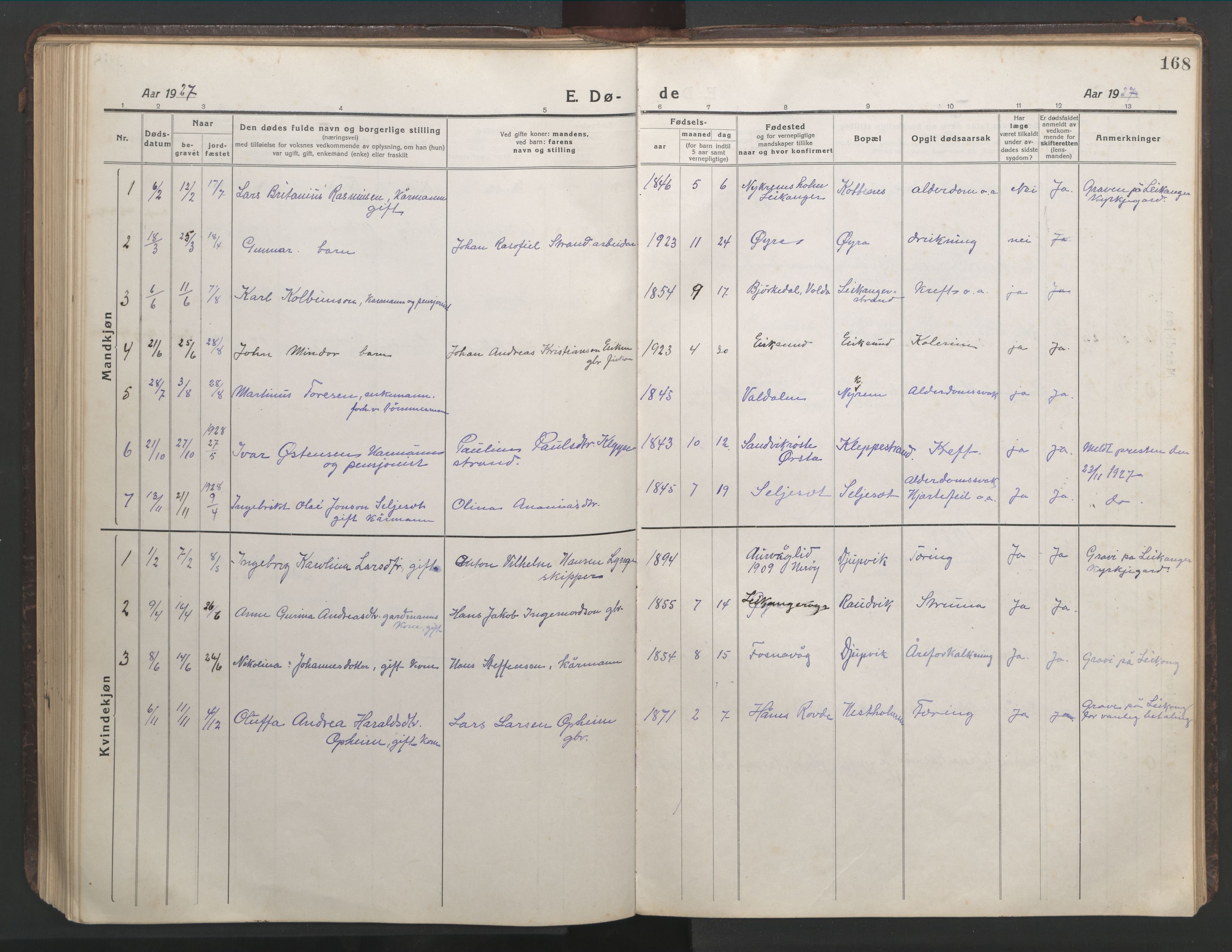 Ministerialprotokoller, klokkerbøker og fødselsregistre - Møre og Romsdal, AV/SAT-A-1454/508/L0099: Parish register (copy) no. 508C03, 1917-1947, p. 168