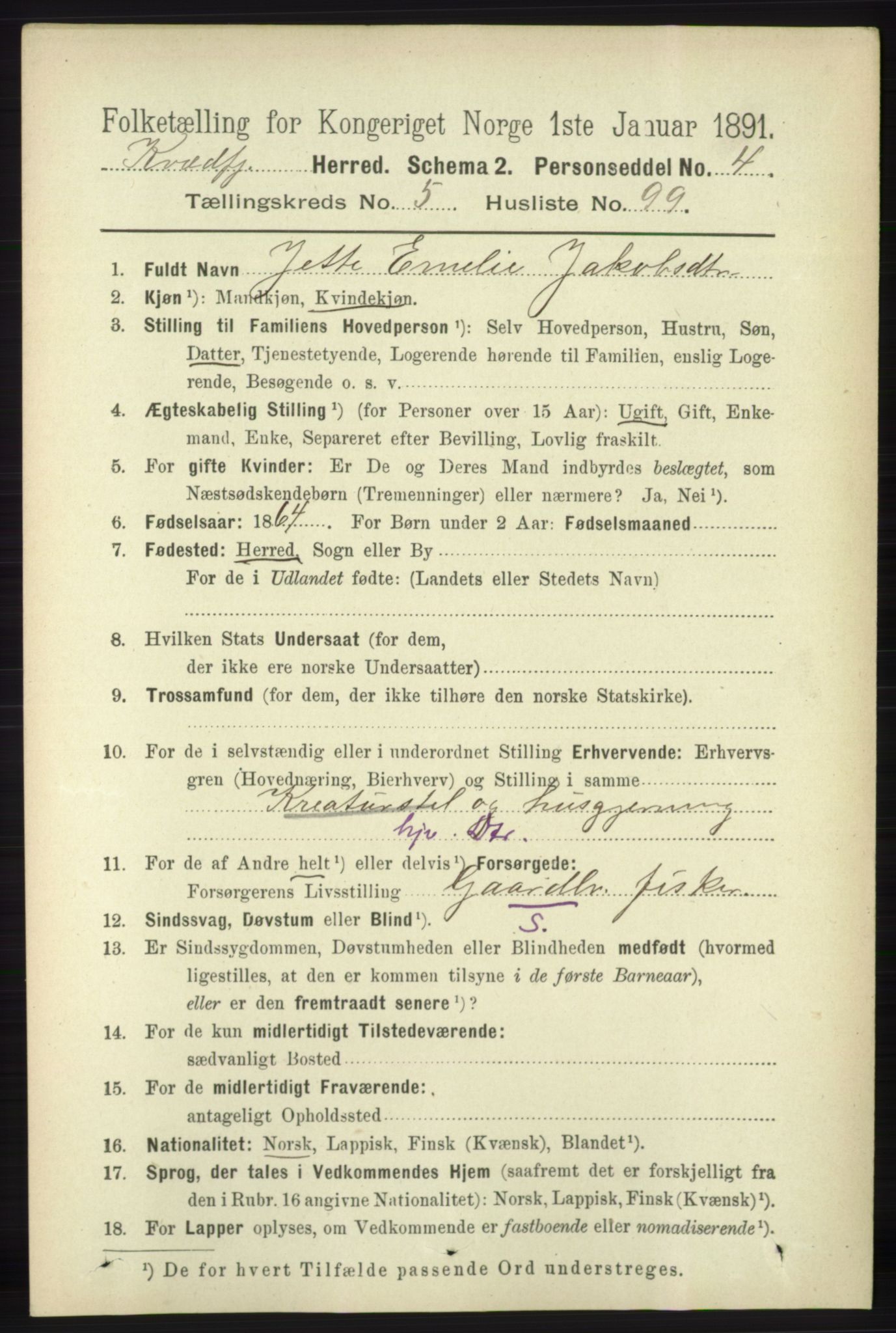 RA, 1891 census for 1911 Kvæfjord, 1891, p. 3466