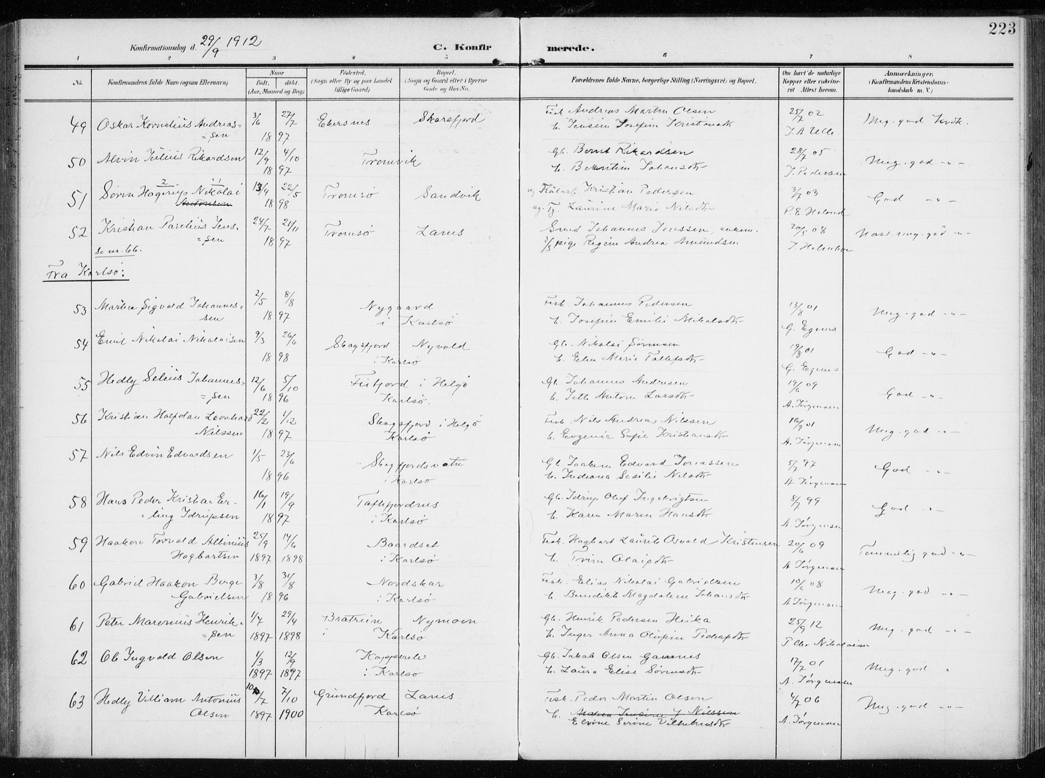 Tromsøysund sokneprestkontor, AV/SATØ-S-1304/G/Ga/L0007kirke: Parish register (official) no. 7, 1907-1914, p. 223