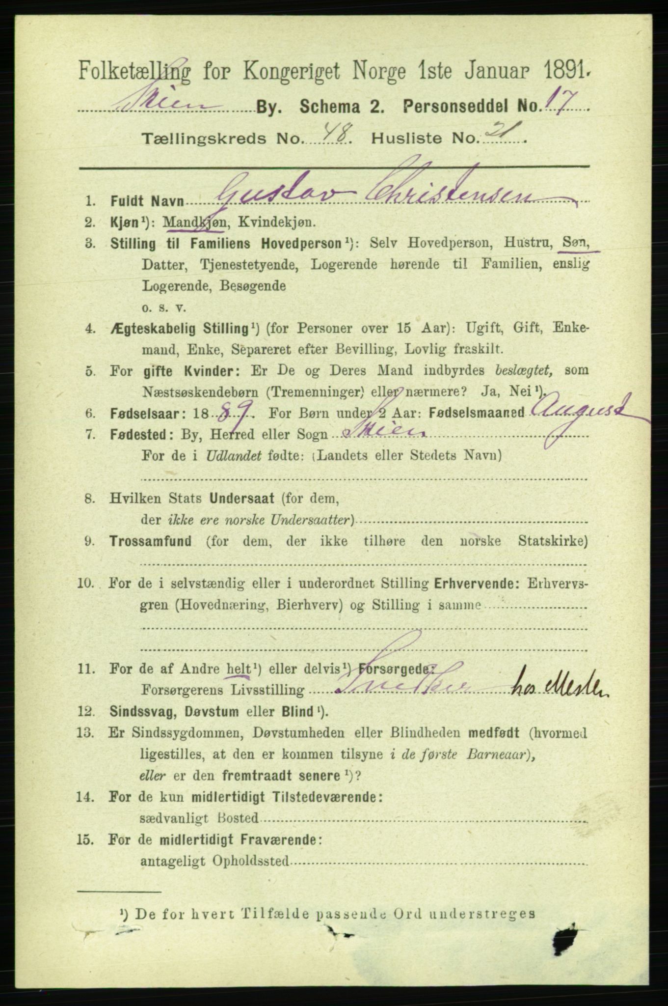 RA, 1891 census for 0806 Skien, 1891, p. 9970