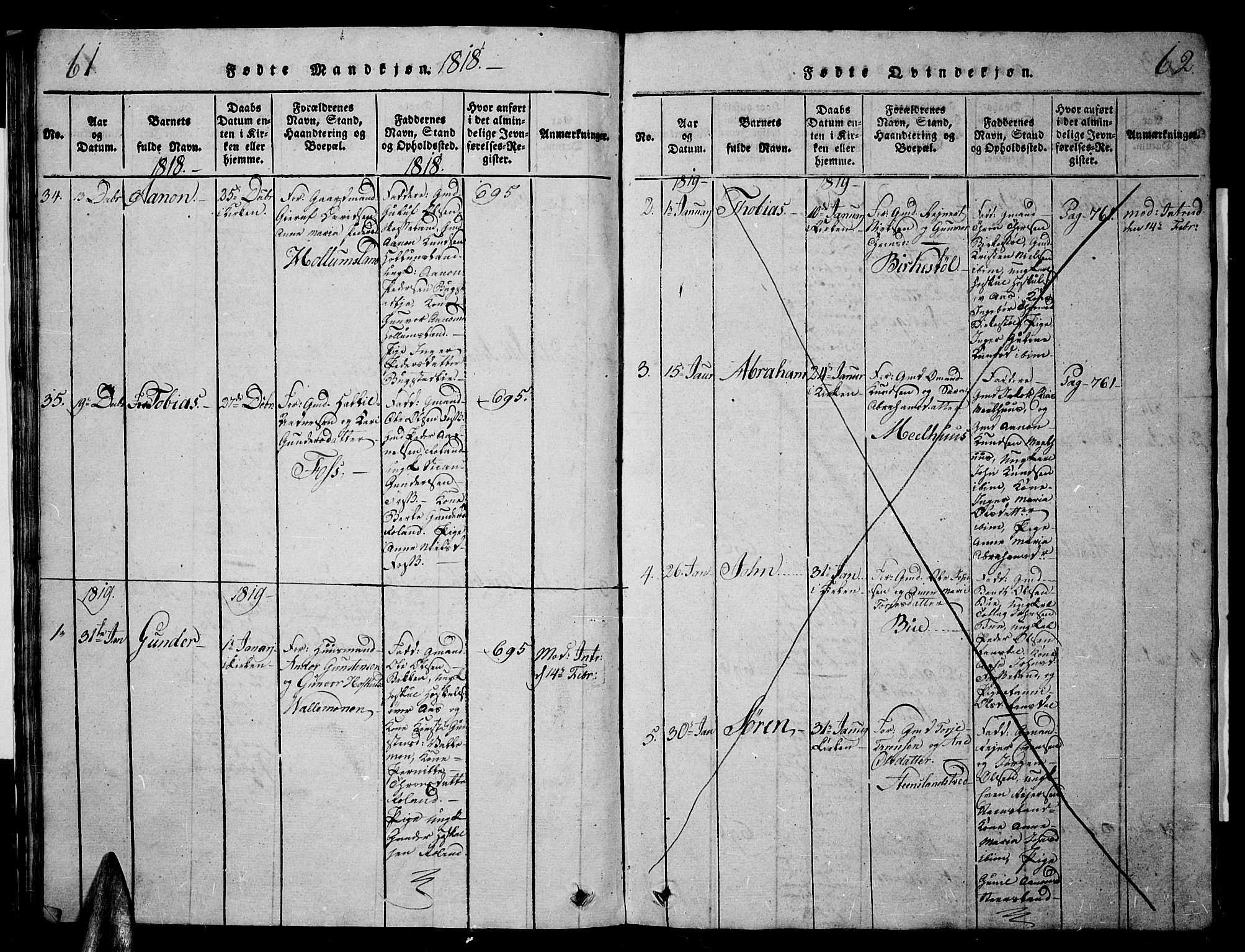 Sør-Audnedal sokneprestkontor, SAK/1111-0039/F/Fb/Fbb/L0001: Parish register (copy) no. B 1, 1815-1827, p. 61-62