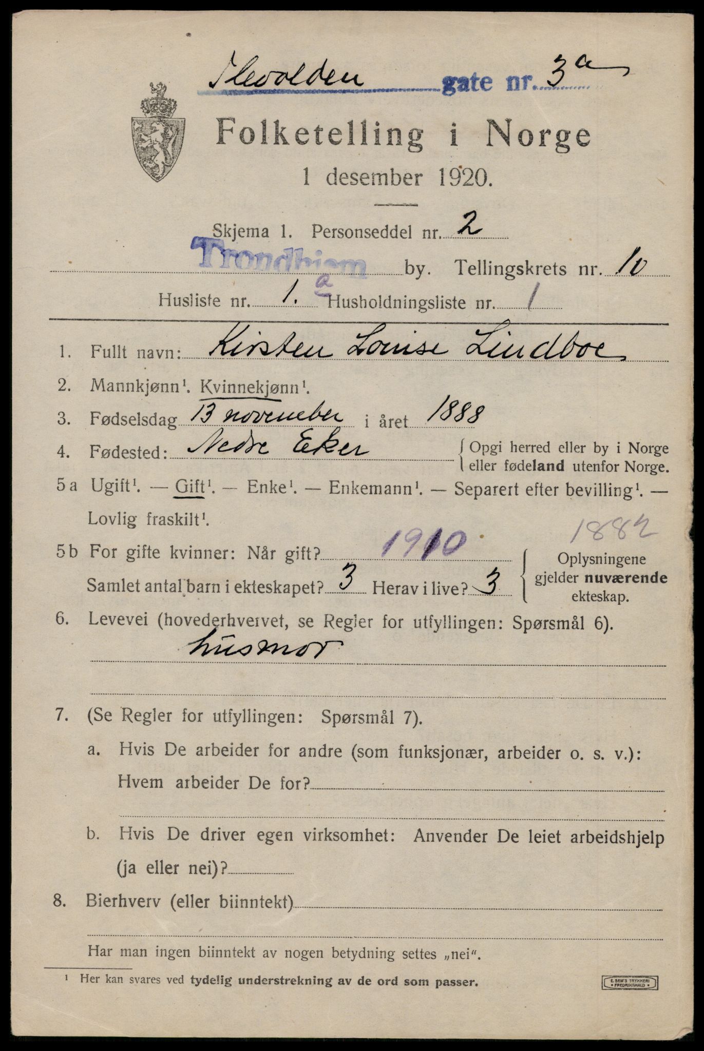 SAT, 1920 census for Trondheim, 1920, p. 44844