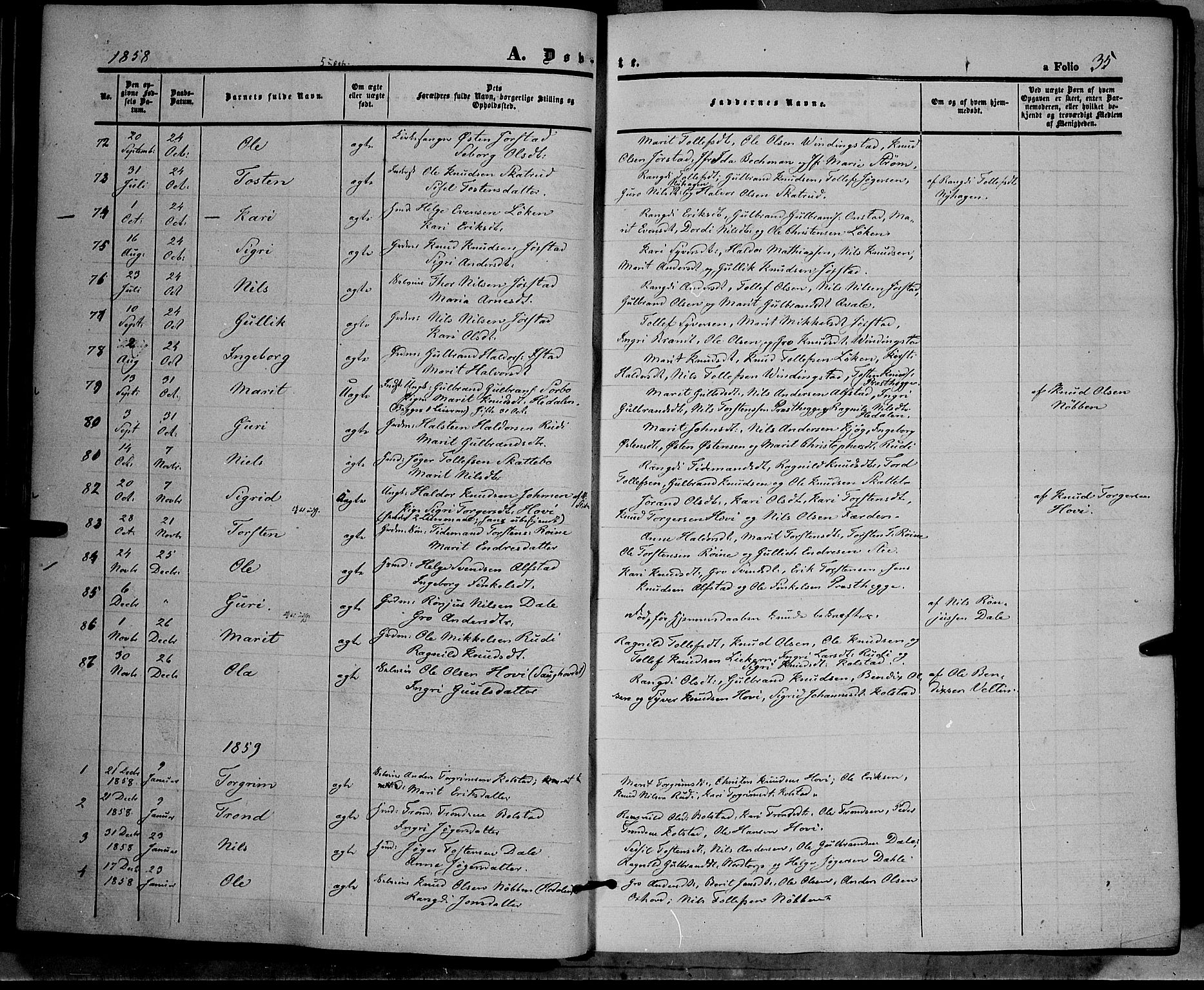 Øystre Slidre prestekontor, SAH/PREST-138/H/Ha/Haa/L0001: Parish register (official) no. 1, 1849-1874, p. 35