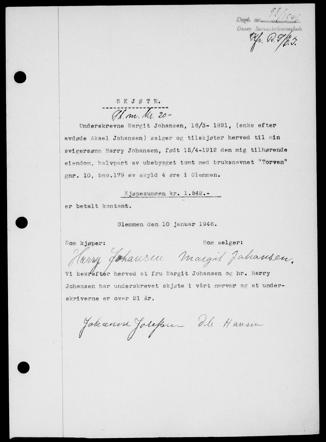 Onsøy sorenskriveri, SAO/A-10474/G/Ga/Gab/L0015: Mortgage book no. II A-15, 1945-1946, Diary no: : 98/1946