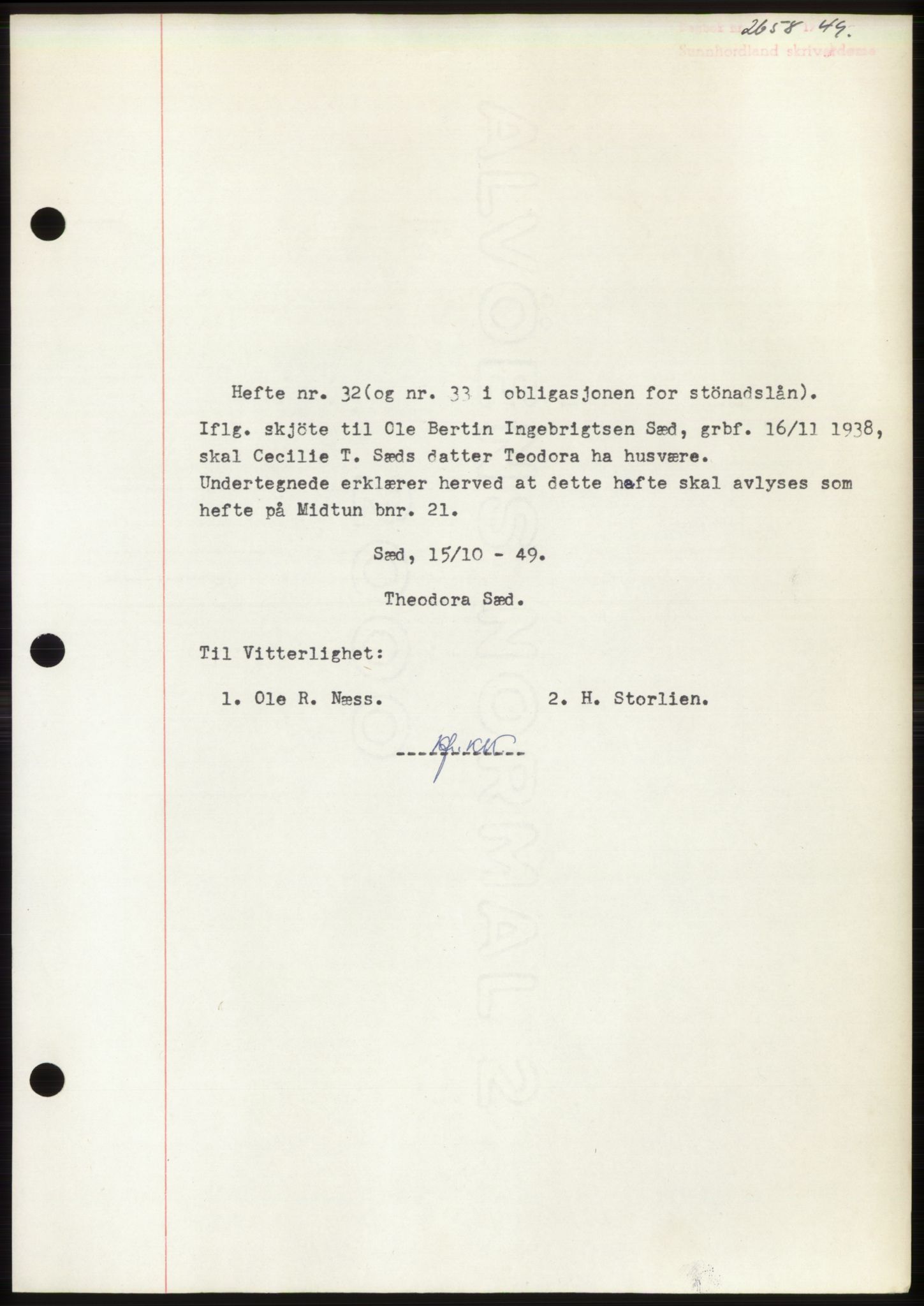 Sunnhordland sorenskrivar, AV/SAB-A-2401: Mortgage book no. B75-79, 1948-1950, Diary no: : 2658/1949
