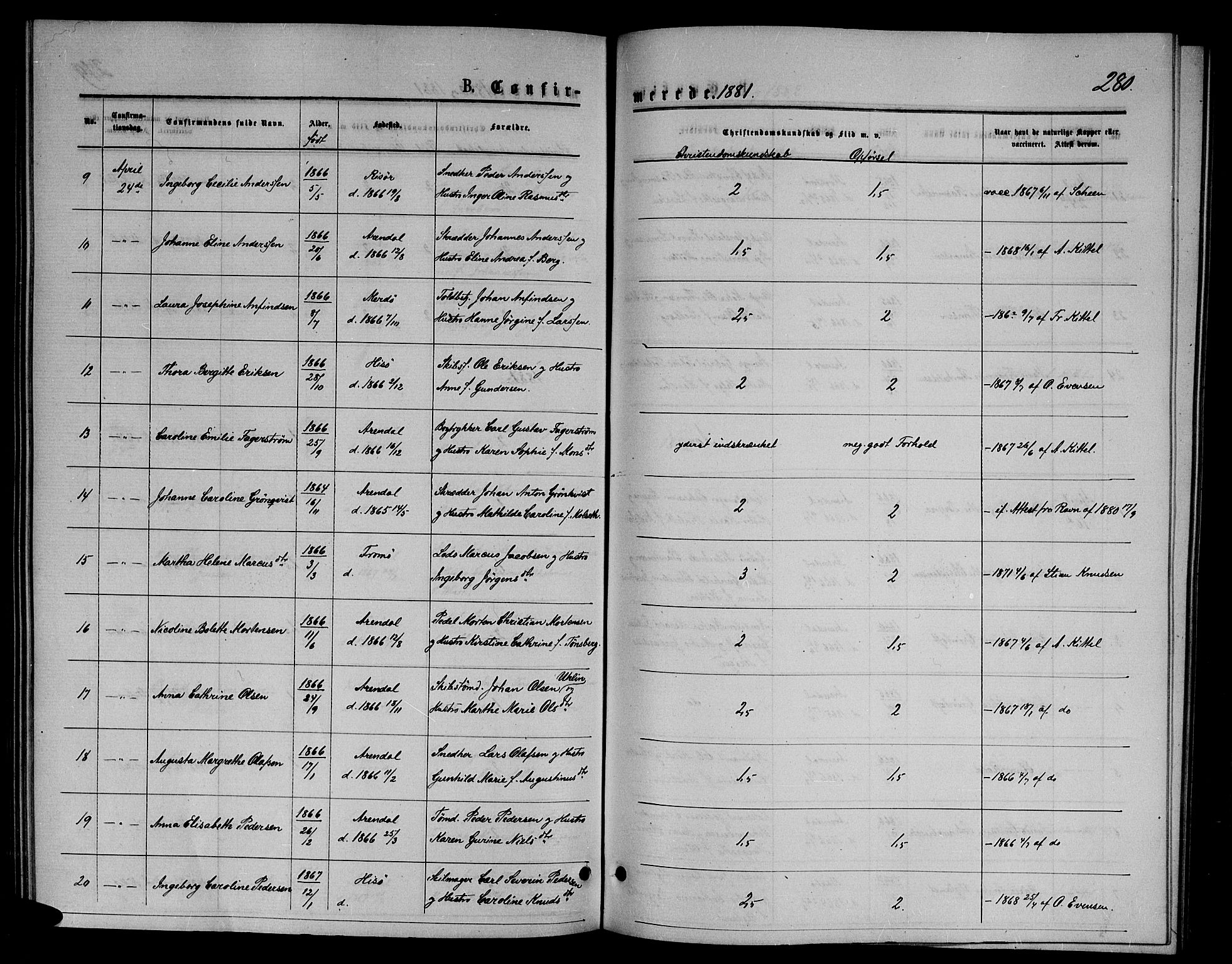 Arendal sokneprestkontor, Trefoldighet, AV/SAK-1111-0040/F/Fb/L0005: Parish register (copy) no. B 5, 1874-1888, p. 280