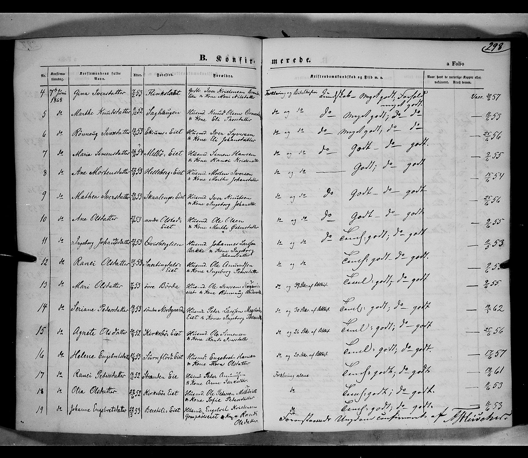 Gausdal prestekontor, SAH/PREST-090/H/Ha/Haa/L0009: Parish register (official) no. 9, 1862-1873, p. 298