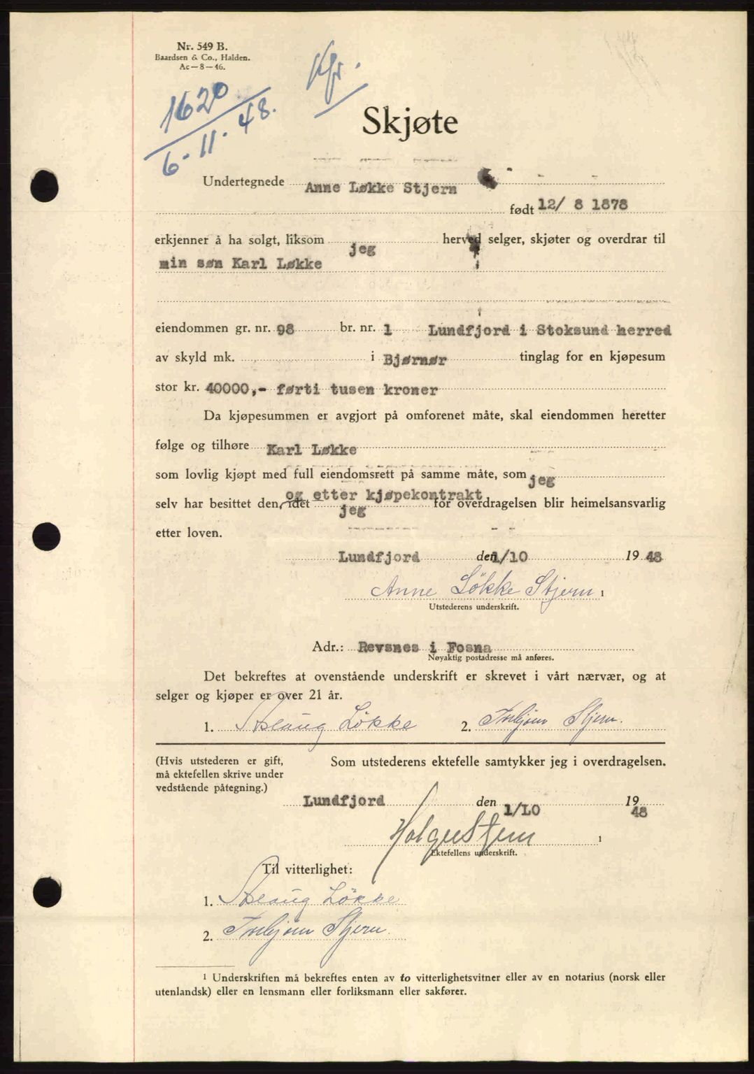 Fosen sorenskriveri, AV/SAT-A-1107/1/2/2C: Mortgage book no. A8, 1948-1948, Diary no: : 1620/1948
