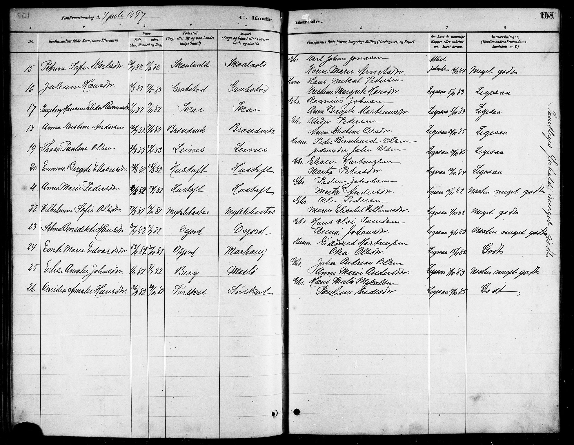 Ministerialprotokoller, klokkerbøker og fødselsregistre - Nordland, AV/SAT-A-1459/857/L0828: Parish register (copy) no. 857C03, 1879-1908, p. 158